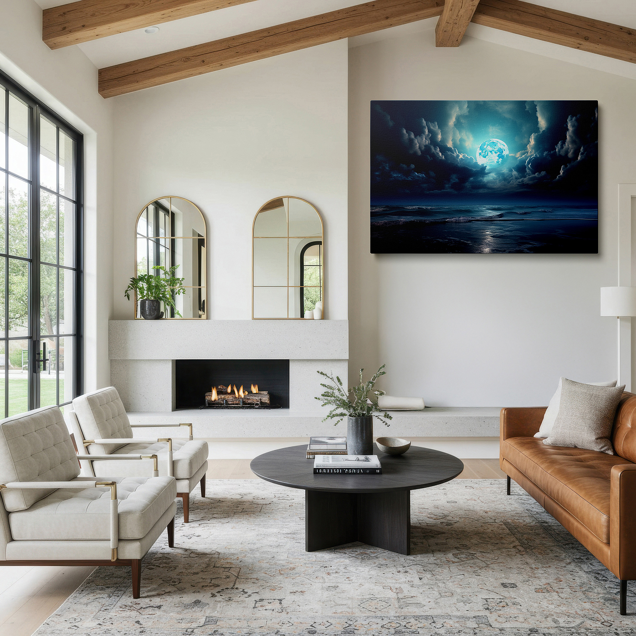 Hung in a cozy reading nook beside a floor lamp and bookshelf — moonlit serenity above tranquil seas - celestial reflections amidst swirling clouds, large canvas wall art for home and office decor