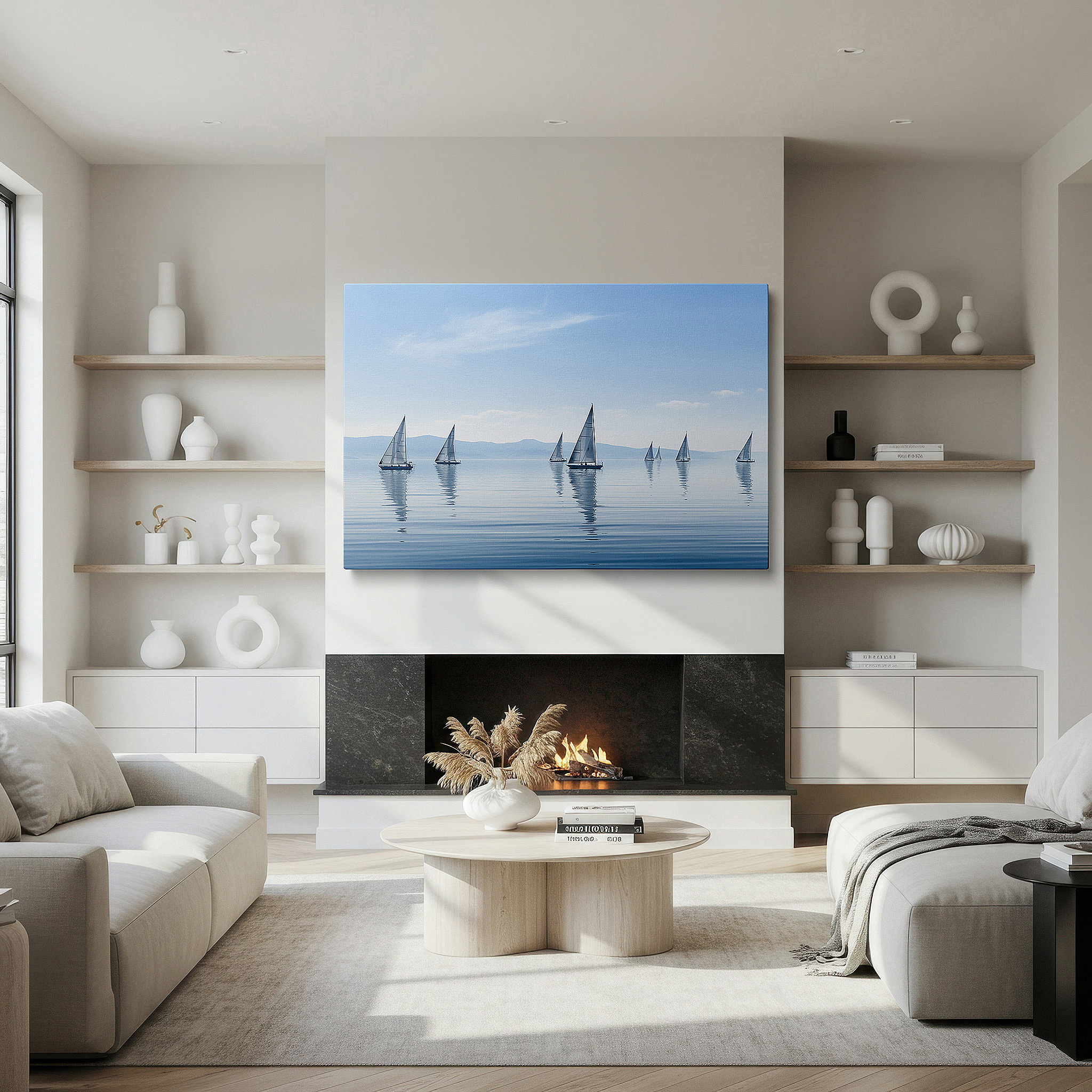 Hung in a cozy reading nook beside a floor lamp and bookshelf — nautical wall art: serene sailboat scene under a vast blue sky - large canvas art for office and bedroom decor