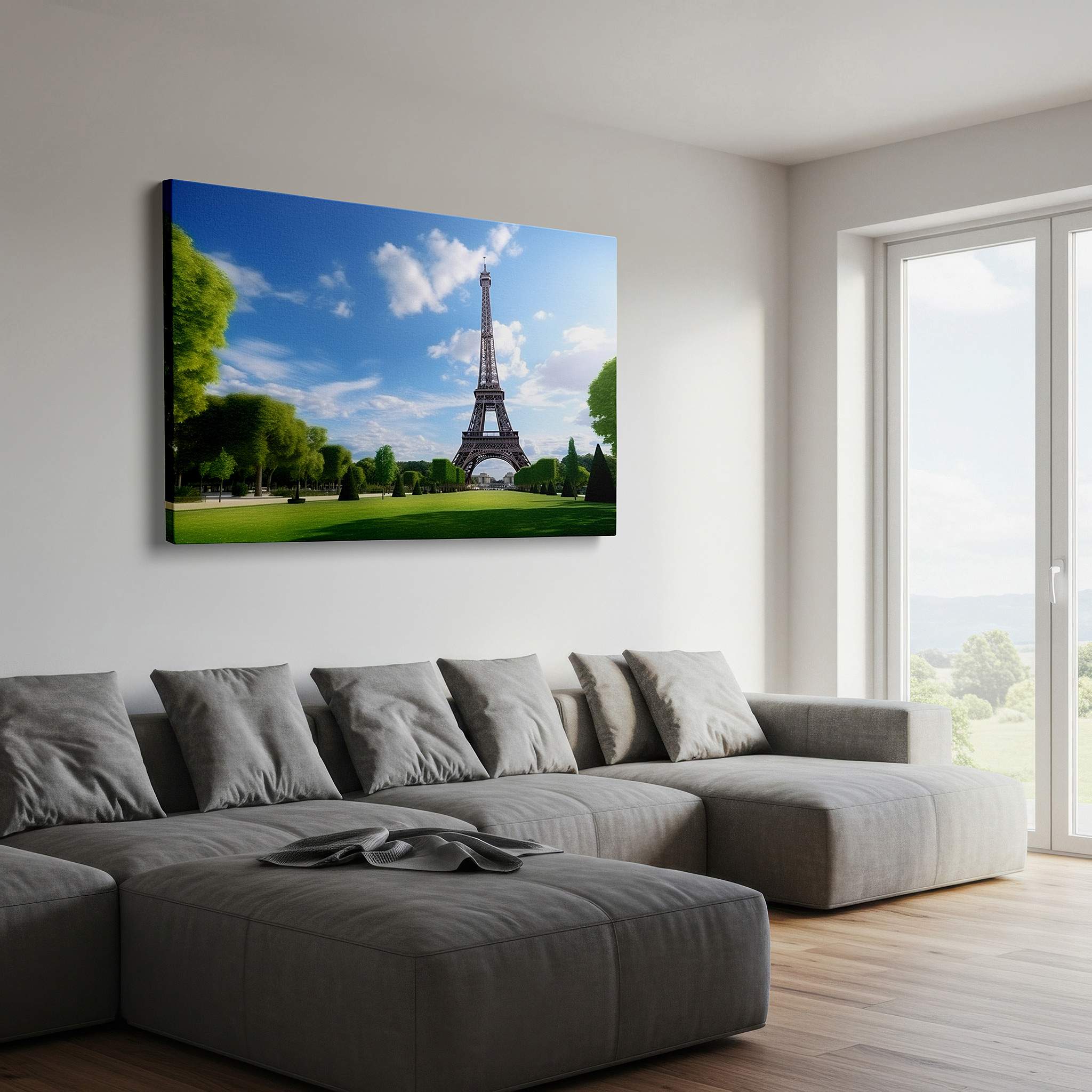 Hung in a cozy reading nook beside a floor lamp and bookshelf — paris soul gateway with eiffel tower and lush gardens large wall art, canvas wall art, wall decor for office and bedroom