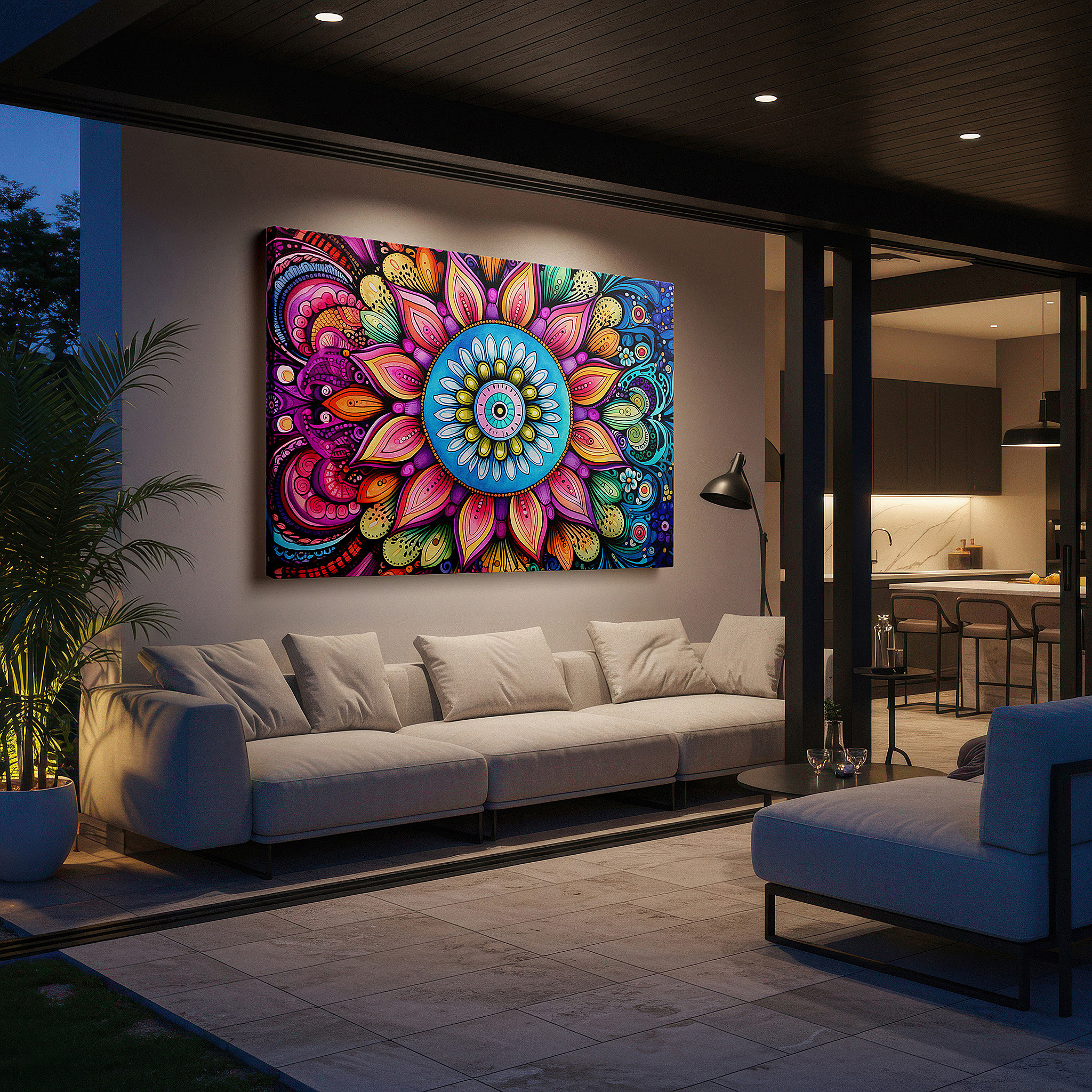 Hung in a cozy reading nook beside a floor lamp and bookshelf — radiant mandala wall art symbolizing universal peace and serenity - ideal for office, living room, or bedroom decor