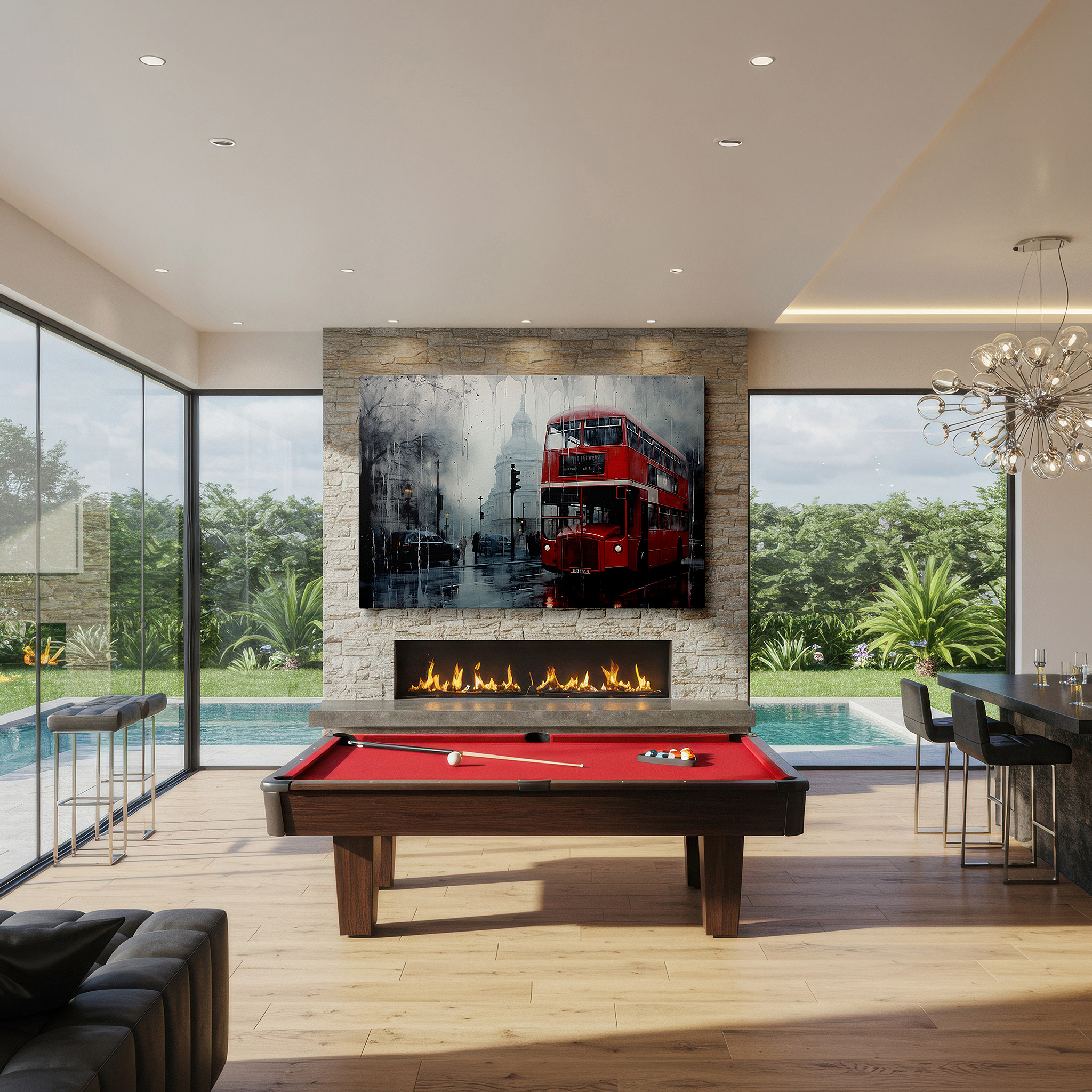 Hung in a cozy reading nook beside a floor lamp and bookshelf — red double-decker bus on a foggy london street large wall art, canvas wall art, wall art
