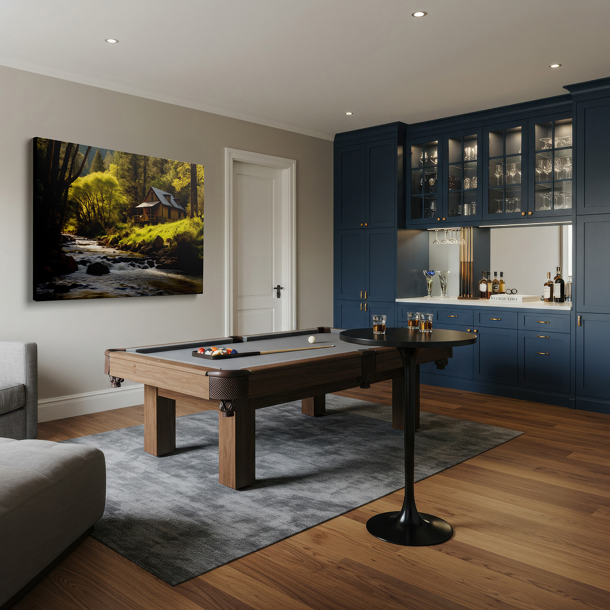 Hung in a cozy reading nook beside a floor lamp and bookshelf — rustic cabin retreat by a sparkling river surrounded by lush spring greenery large wall art, canvas wall art, wall decor for office