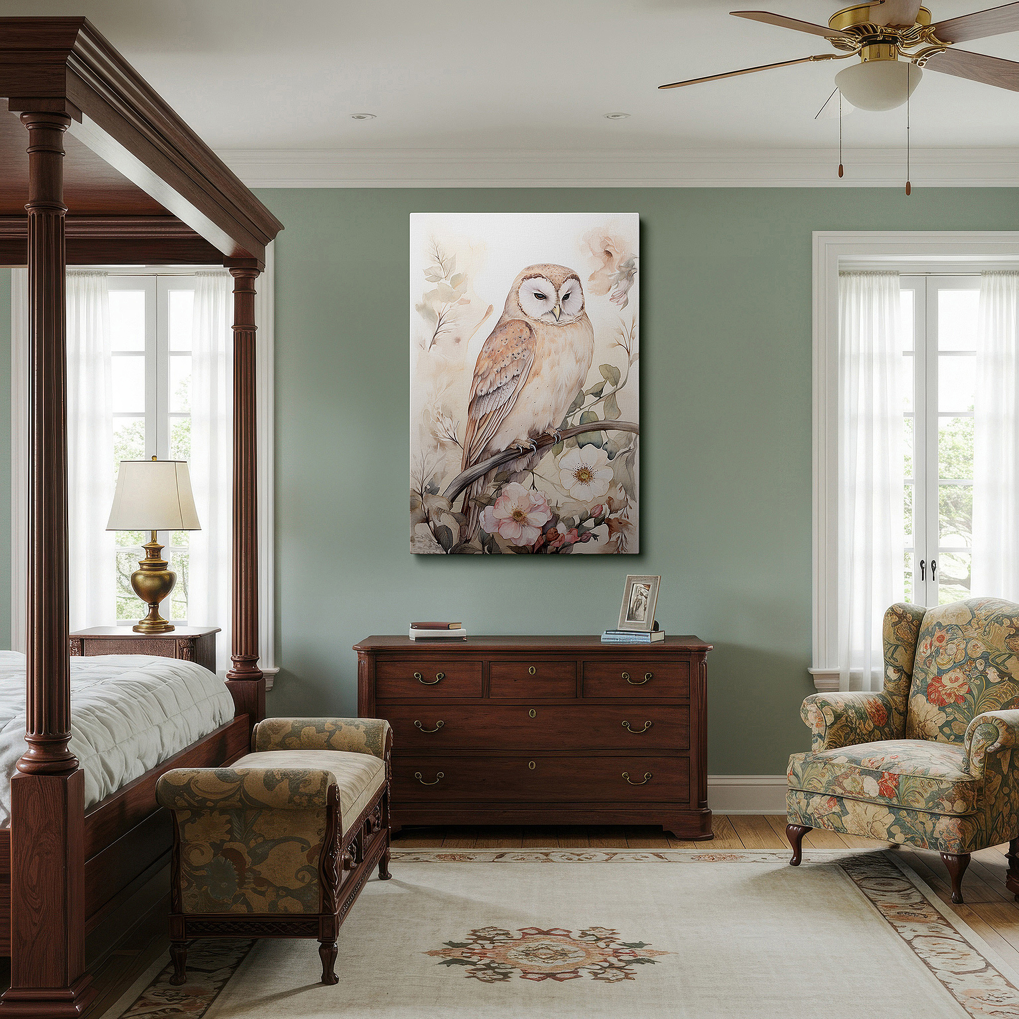 Hung in a cozy reading nook beside a floor lamp and bookshelf — serene barn owl and lush florals wall art: tranquil nature tapestry, large canvas for home and office decor