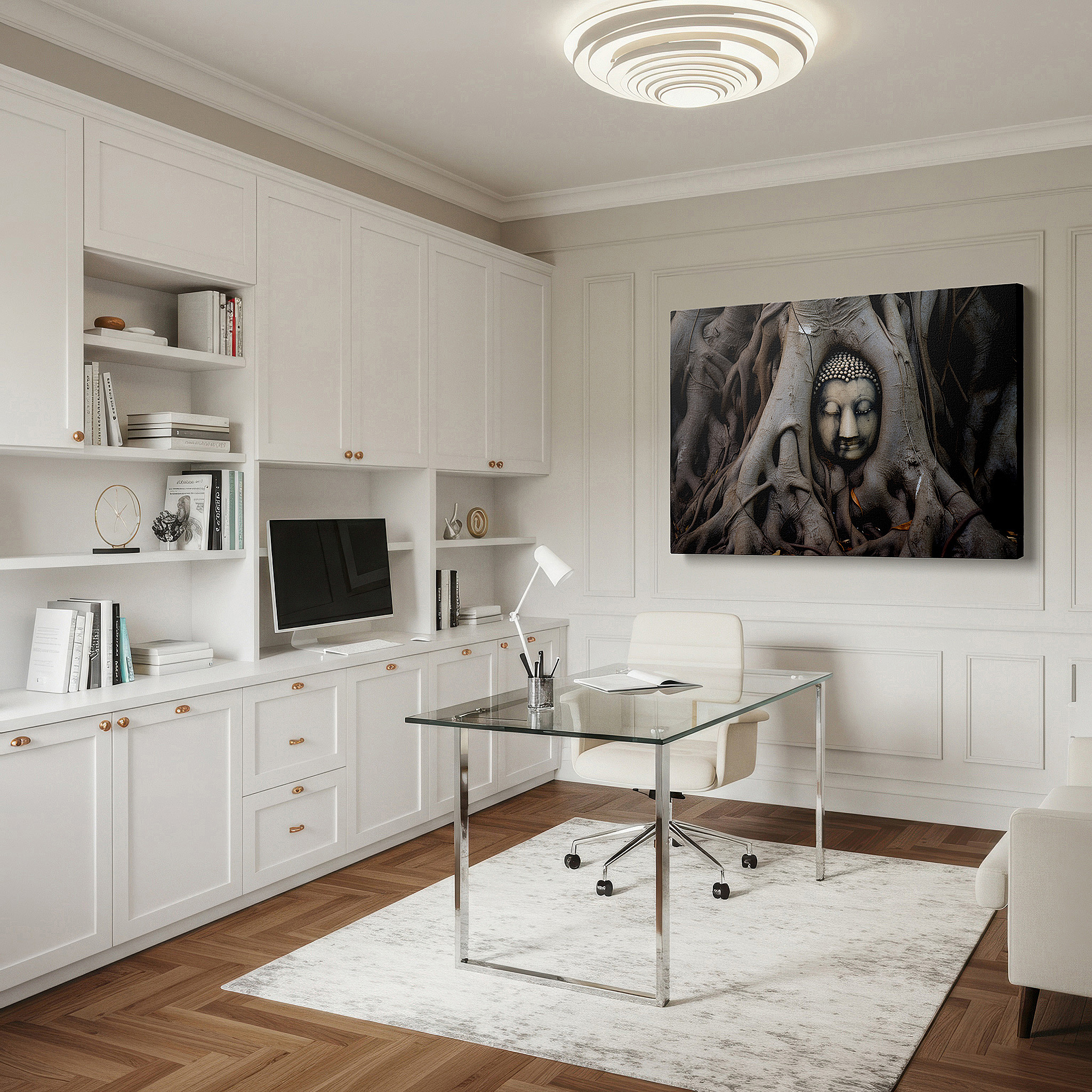 Hung in a cozy reading nook beside a floor lamp and bookshelf — serene buddha amidst ancient roots wall art: a symbol of peace and nature's embrace - ideal for office and bedroom decor, large canvas wall art
