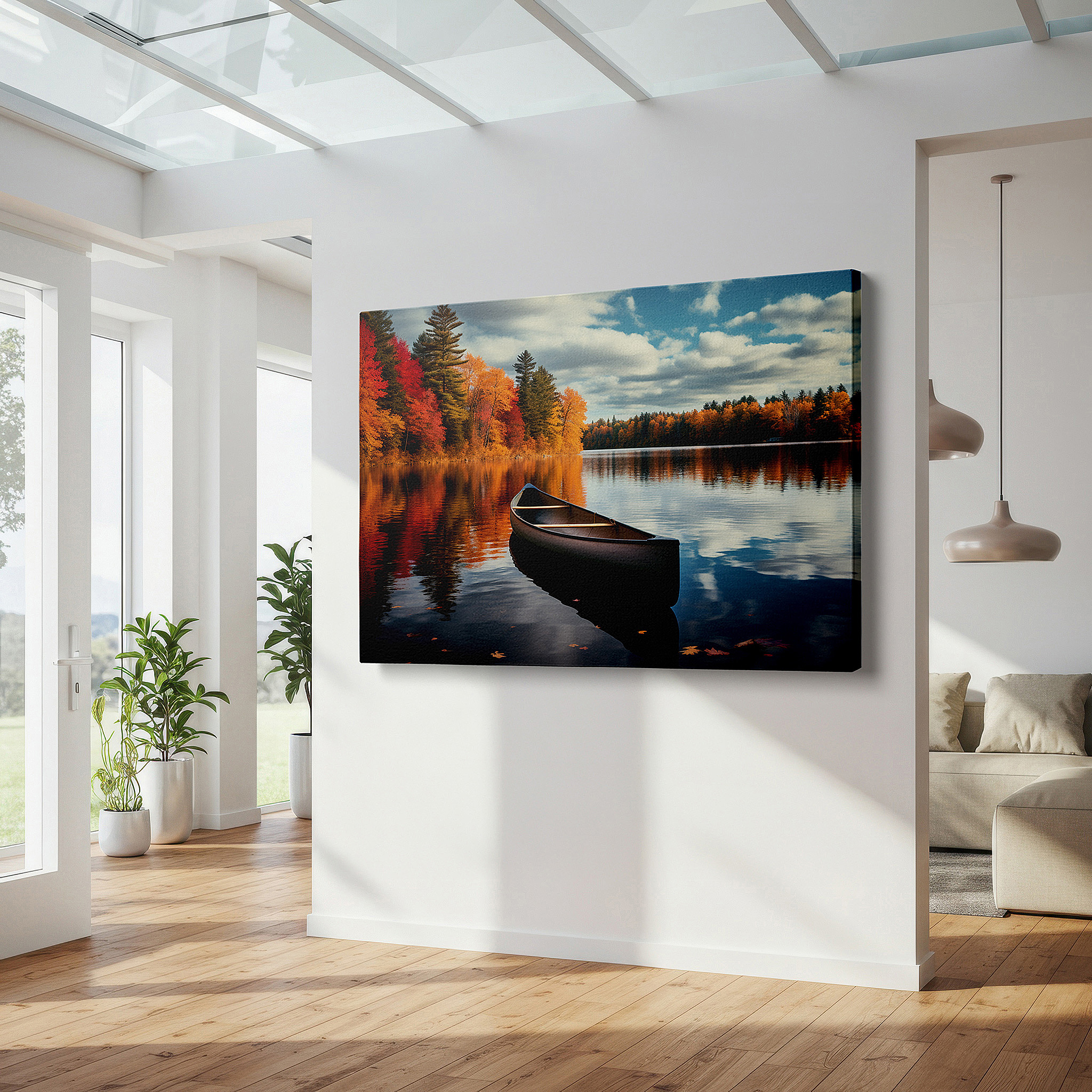 Hung in a cozy reading nook beside a floor lamp and bookshelf — serene canoe journey wall art: autumn reflections and tranquil nature escape - large canvas for home and office decor