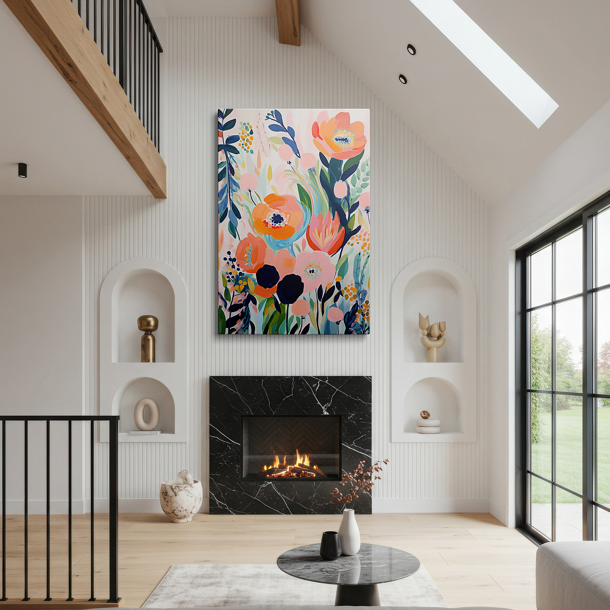 Hung in a cozy reading nook beside a floor lamp and bookshelf — serene dawn in soft pastels: ethereal beauty of a tranquil garden - large wall art, canvas wall art, wall decor for office and bedroom