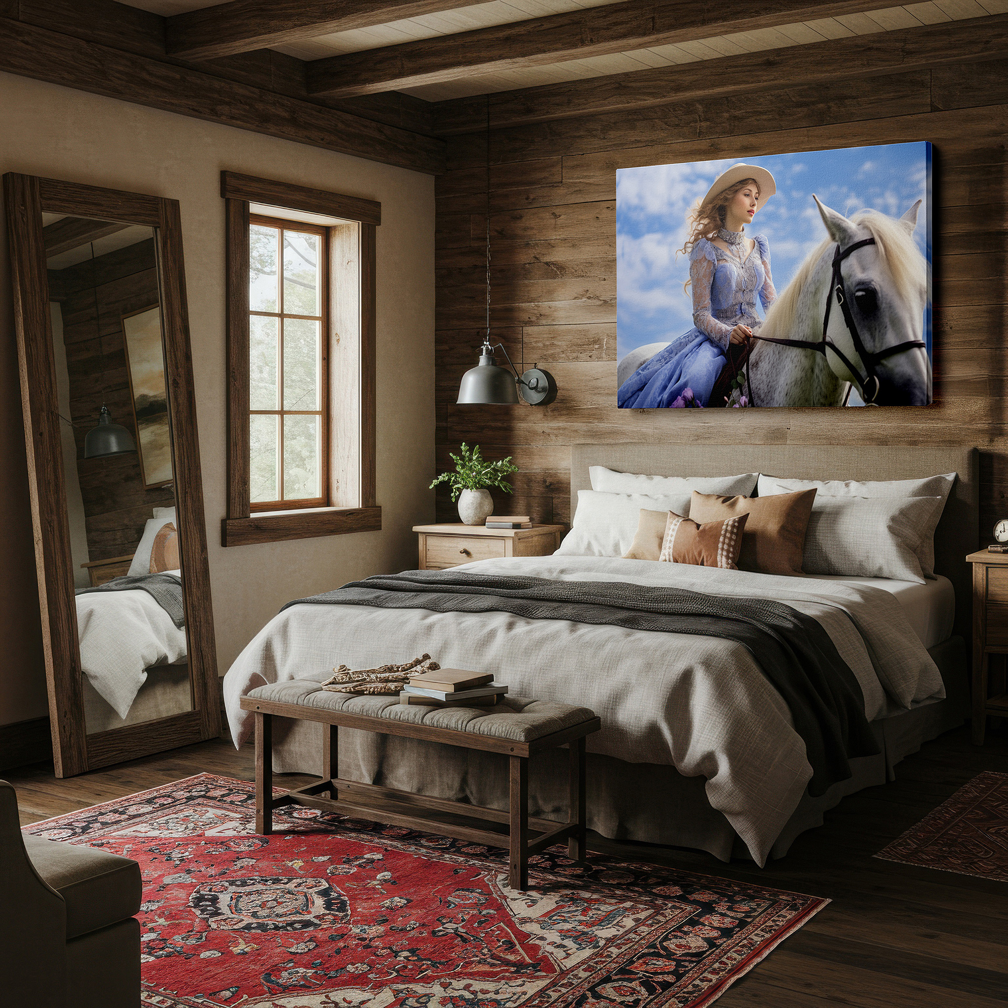 Hung in a cozy reading nook beside a floor lamp and bookshelf — serene elegance of a young woman in blue on a majestic white horse: large canvas wall art for office and bedroom decor