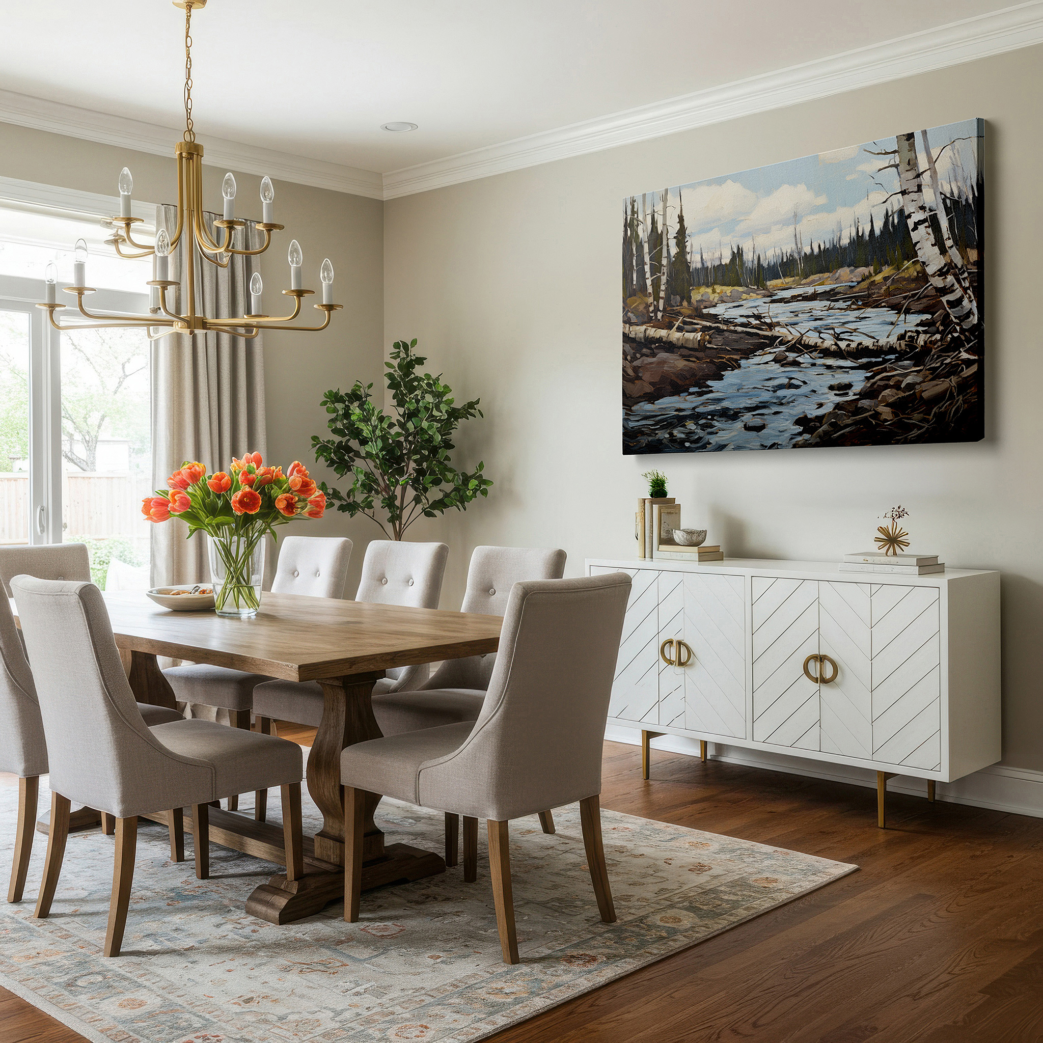 Hung in a cozy reading nook beside a floor lamp and bookshelf — serene river landscape: a tranquil reflection of nature's majesty - large canvas wall art for office and bedroom decor