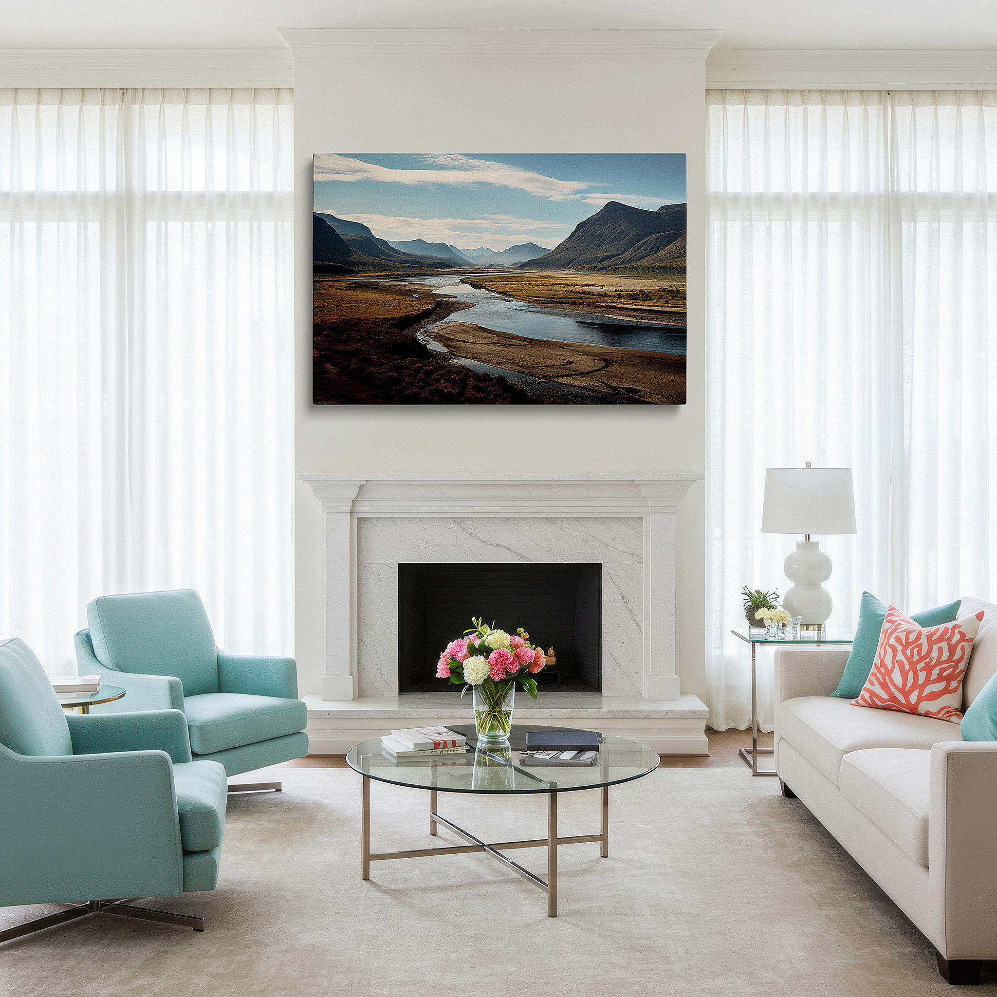 Hung in a cozy reading nook beside a floor lamp and bookshelf — serene river and majestic mountains large canvas wall art - lush valley and pristine blue sky wall decor for office