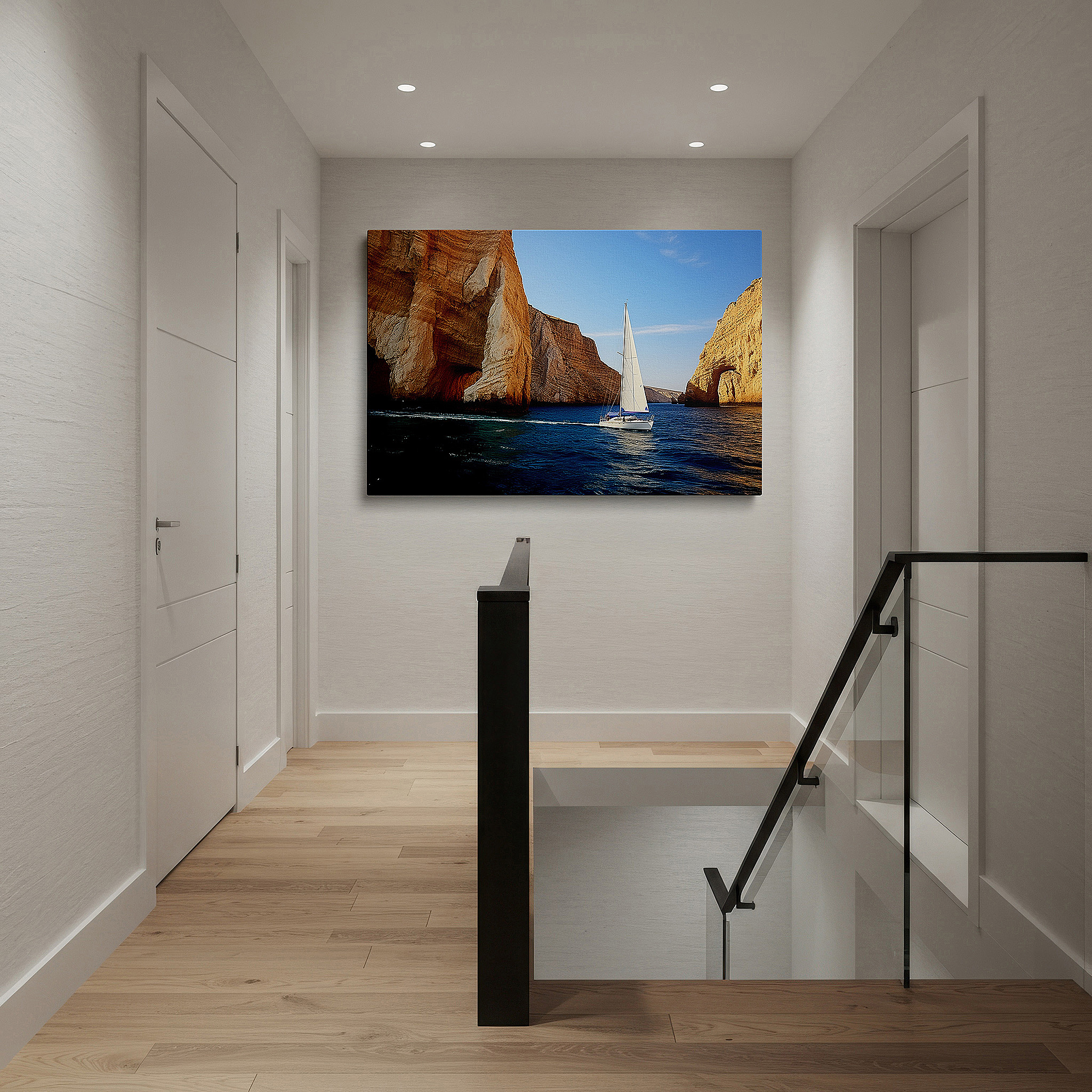 Hung in a cozy reading nook beside a floor lamp and bookshelf — serene sailboat journey canvas art: tranquil bay adventure - large wall decor for home and office