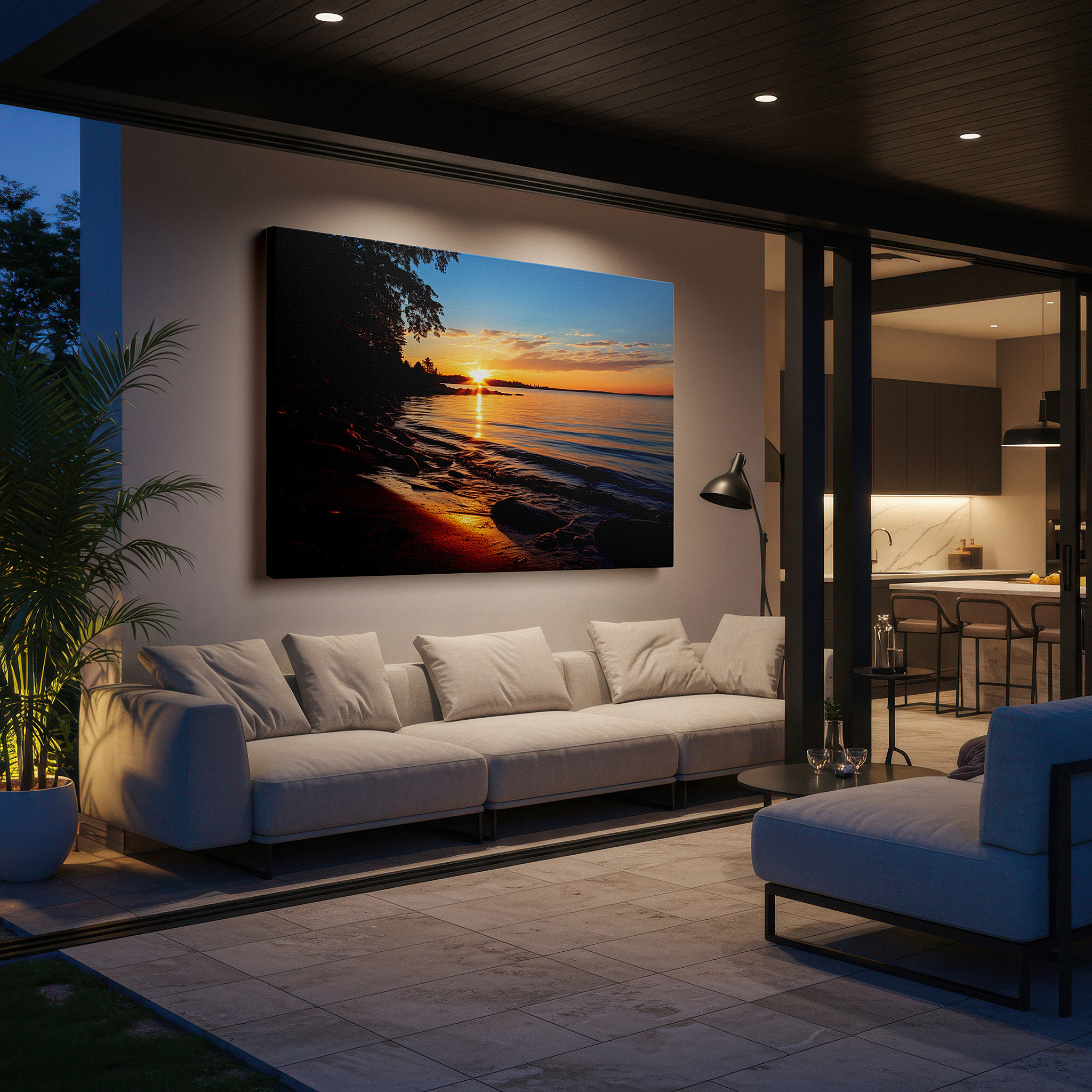 Hung in a cozy reading nook beside a floor lamp and bookshelf — serene sunset over tranquil waters: a haven for peace and reflection - large canvas wall art for office and bedroom decor