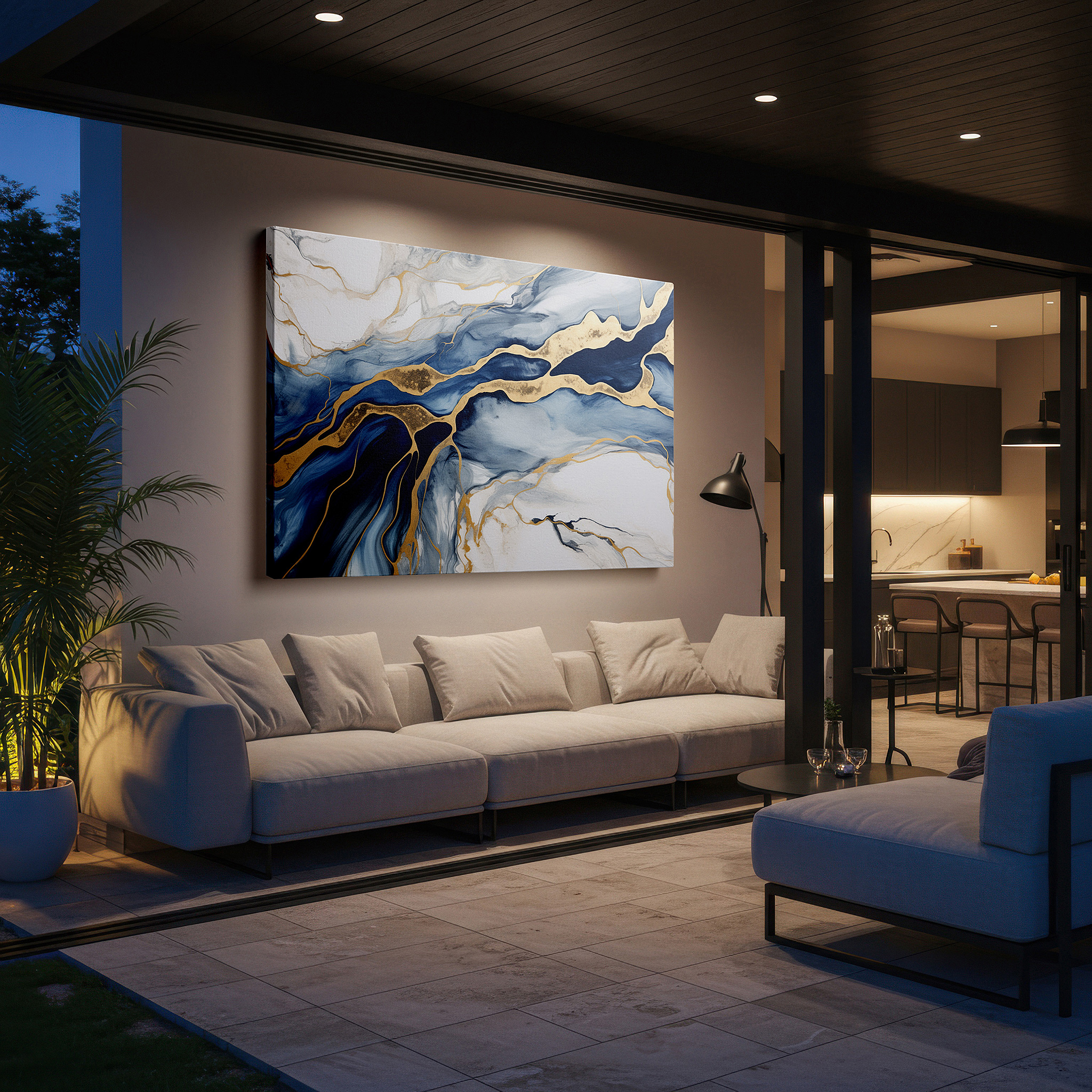 Hung in a cozy reading nook beside a floor lamp and bookshelf — serene waters and radiant glow - elegant blue hues with glimmering highlights large wall art, canvas wall art, wall decor for office