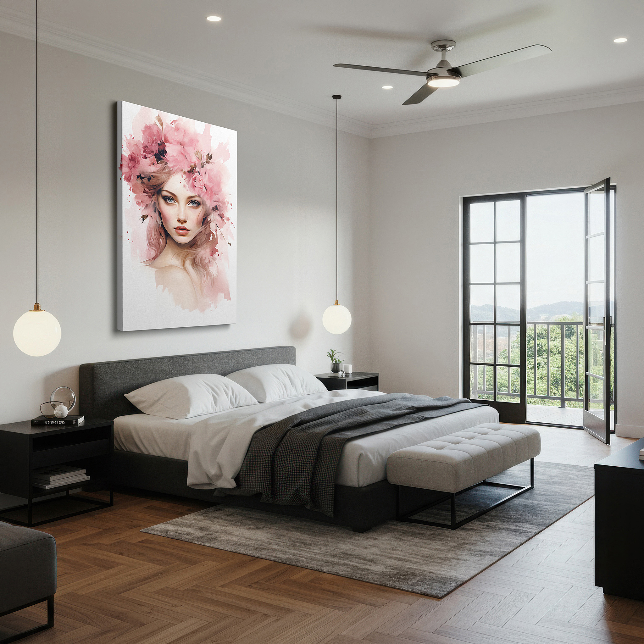 Hung in a cozy reading nook beside a floor lamp and bookshelf — serene young woman surrounded by bright pink blossoms large wall art, canvas wall art, wall decor for office and bedroom