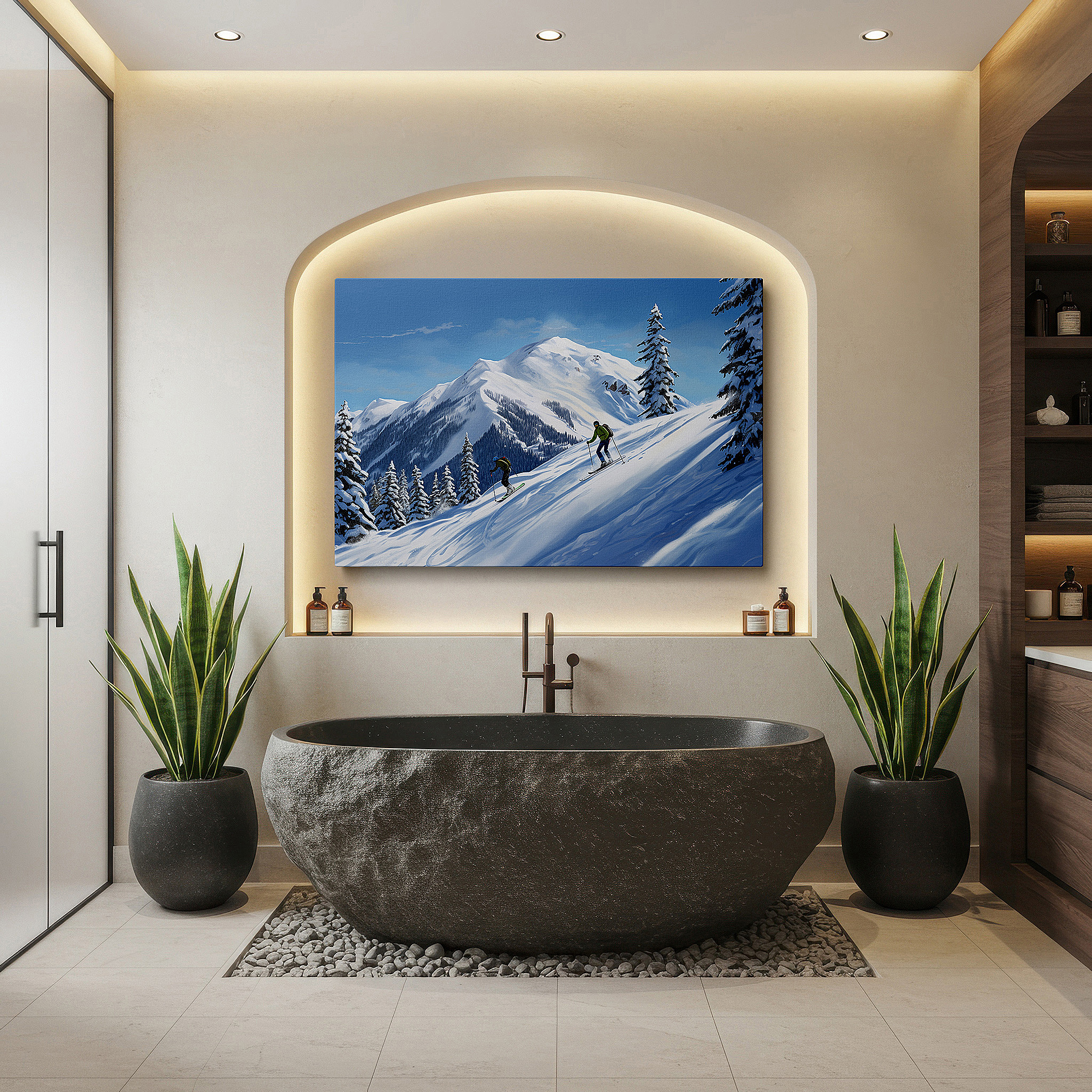 Hung in a cozy reading nook beside a floor lamp and bookshelf — skiers traverse beneath blue skies between snow-capped mountains and verdant pines large wall art, canvas wall art, wall decor, office wall art, bedroom wall art