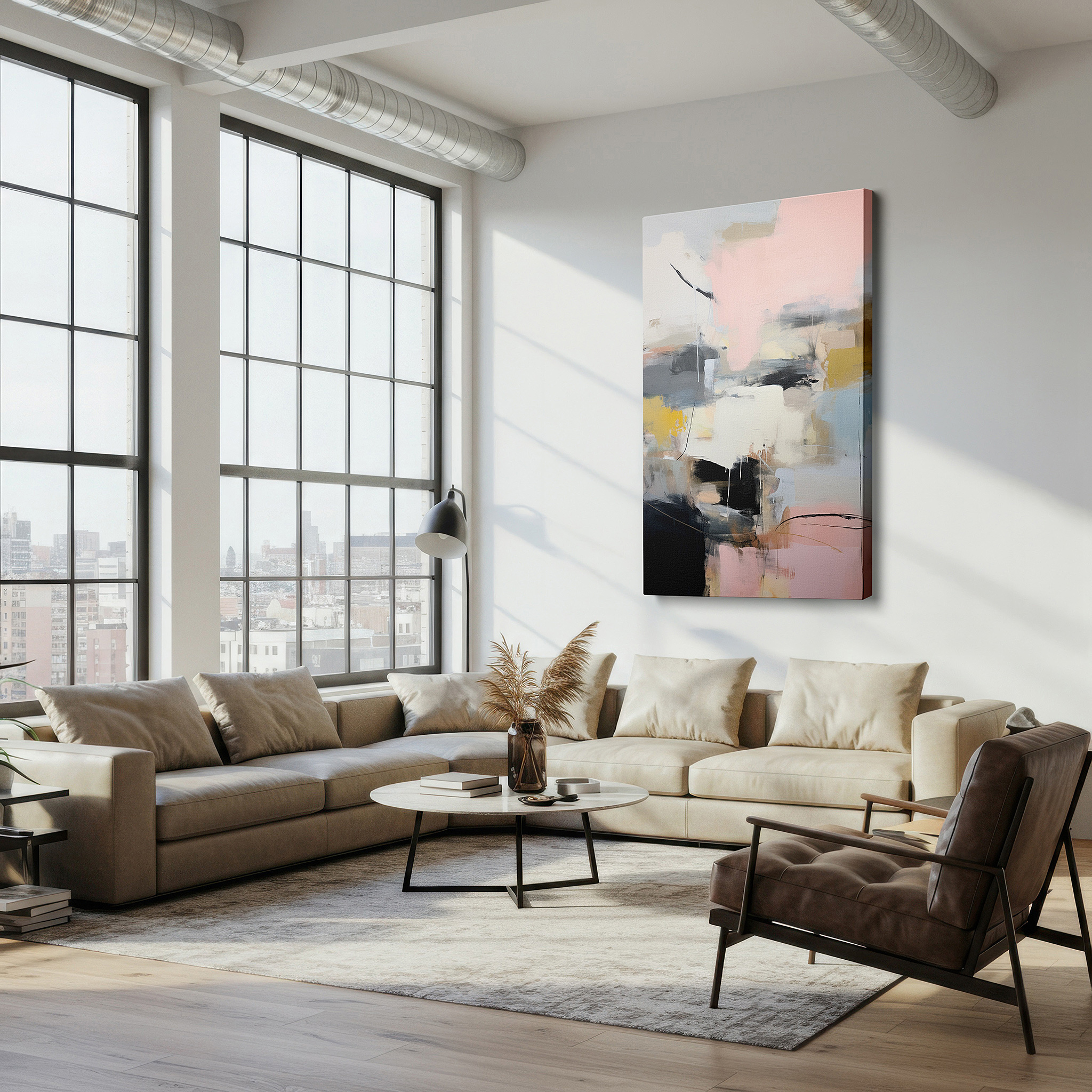 Hung in a cozy reading nook beside a floor lamp and bookshelf — soft pink, deep black, and pristine white symphony: harmonious abstract expression large wall art, canvas wall art, wall decor for office