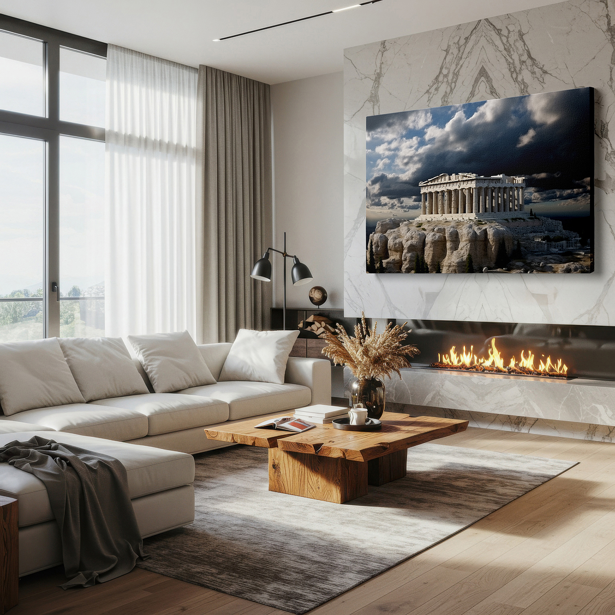 Hung in a cozy reading nook beside a floor lamp and bookshelf — stormy skies and rugged terrain featuring majestic greek temple large canvas wall art for office, bedroom, and living room decor