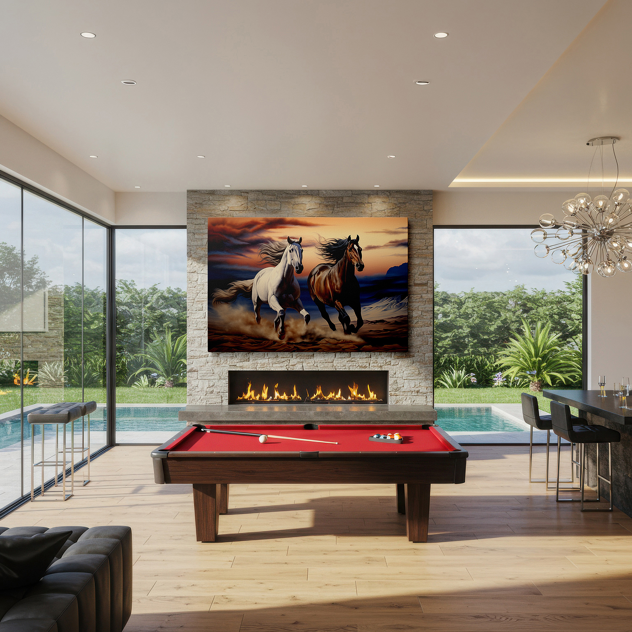 Hung in a cozy reading nook beside a floor lamp and bookshelf — stunning large wall art of horses galloping in a desert at sunset, symbolizing freedom and the beauty of nature, perfect for office wall decor