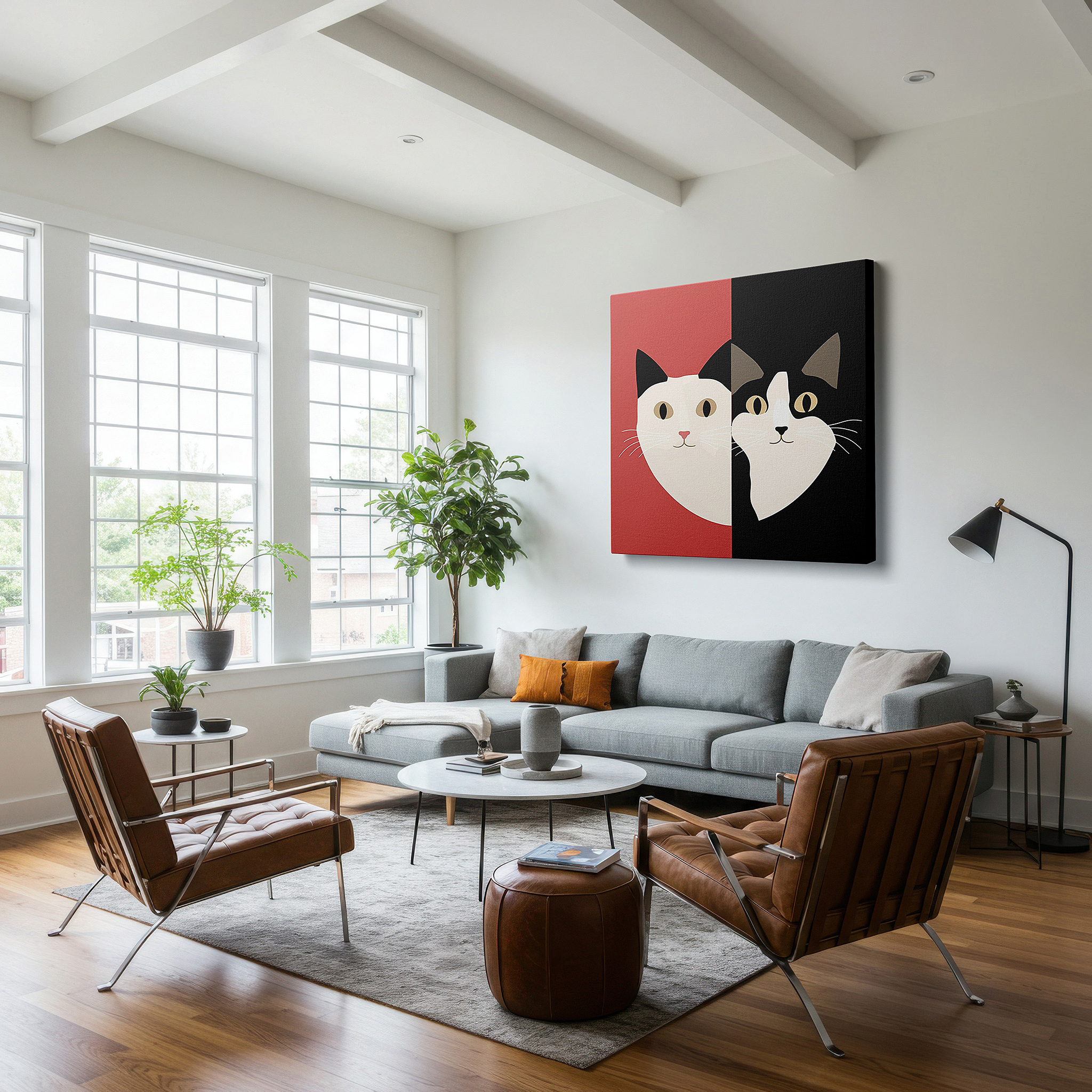 Hung in a cozy reading nook beside a floor lamp and bookshelf — stylized cat faces in harmonious duality: vibrant and subdued tones, large wall art, canvas wall art, wall decor for office and bedroom