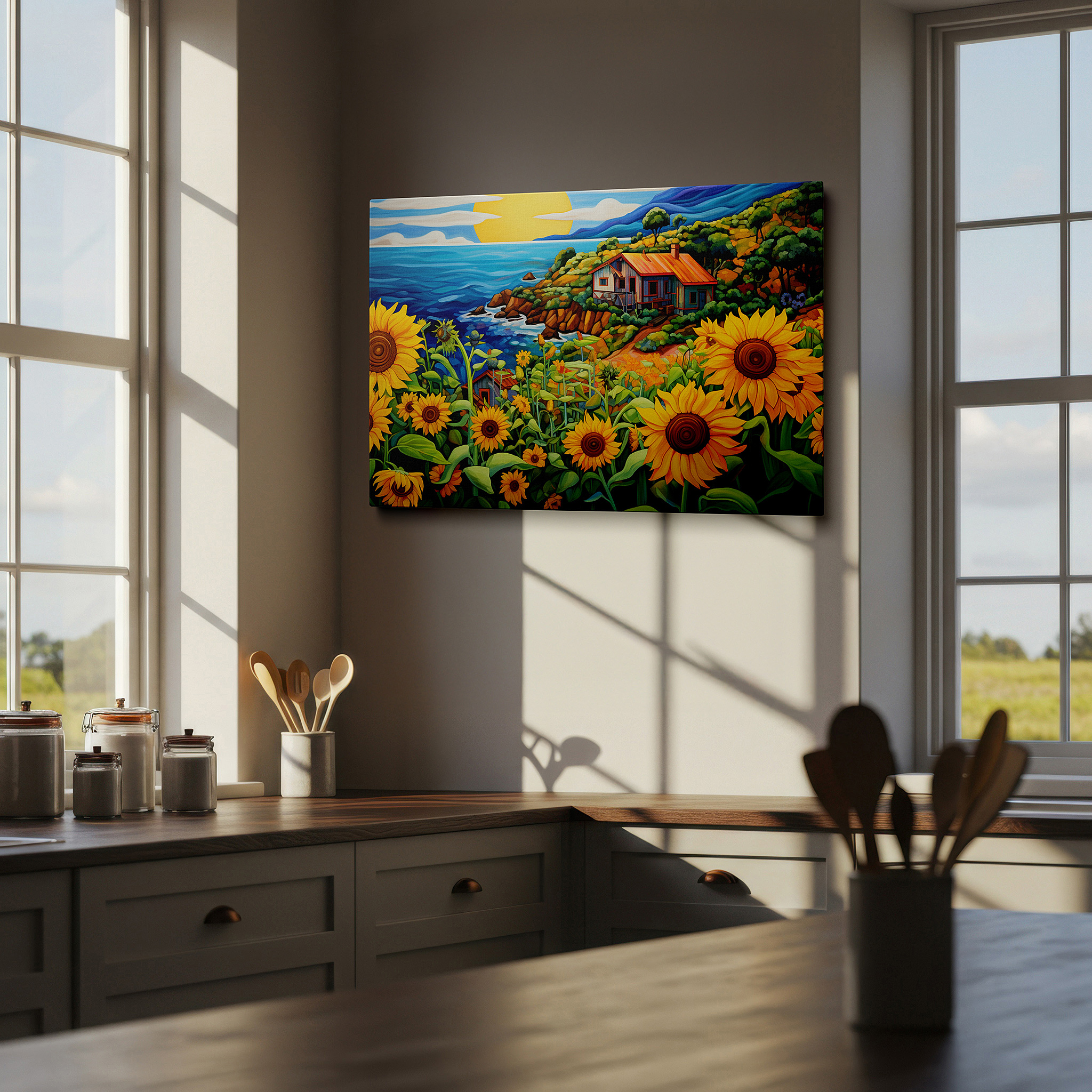 Hung in a cozy reading nook beside a floor lamp and bookshelf — sunset glow and blooming sunflowers coastal retreat large canvas wall art for office and bedroom decor