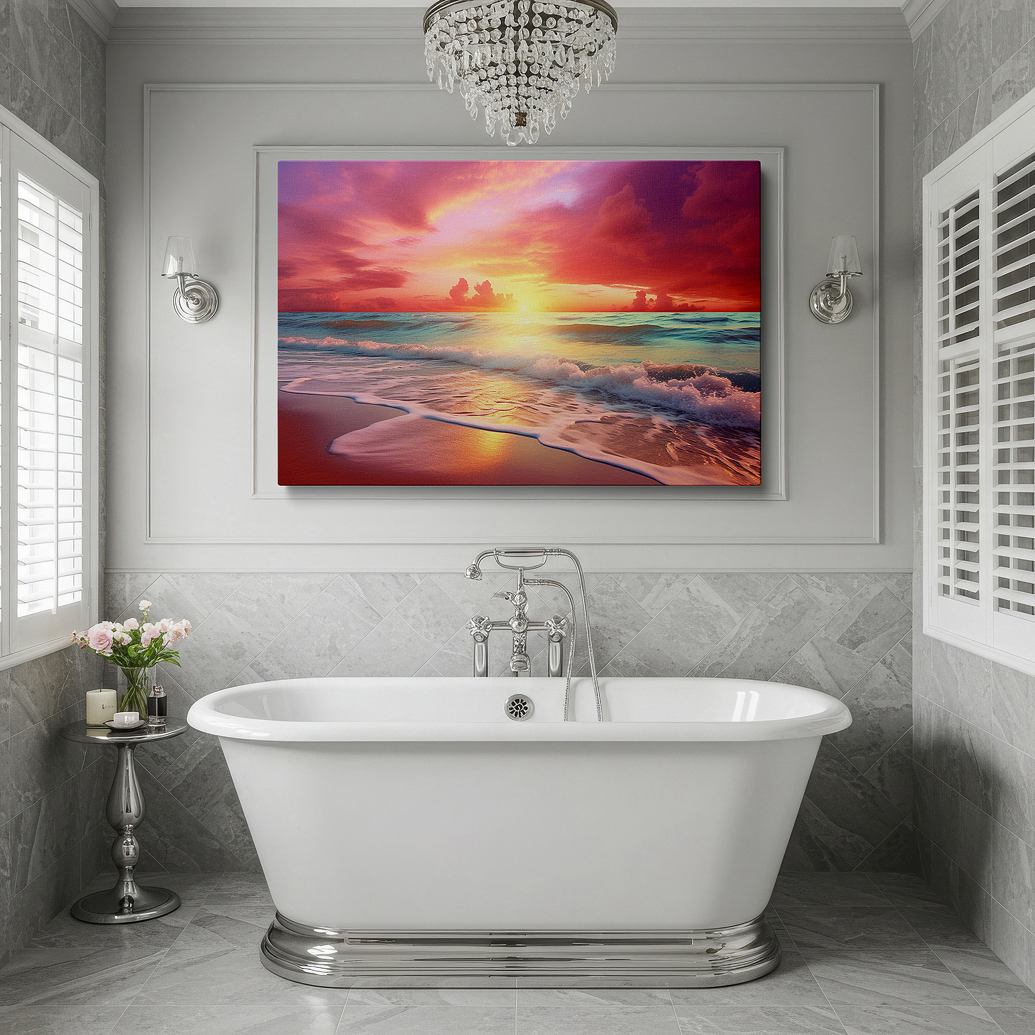 Hung in a cozy reading nook beside a floor lamp and bookshelf — sunset over the ocean wall art: large canvas for home and office decor, ideal for living rooms and bedrooms