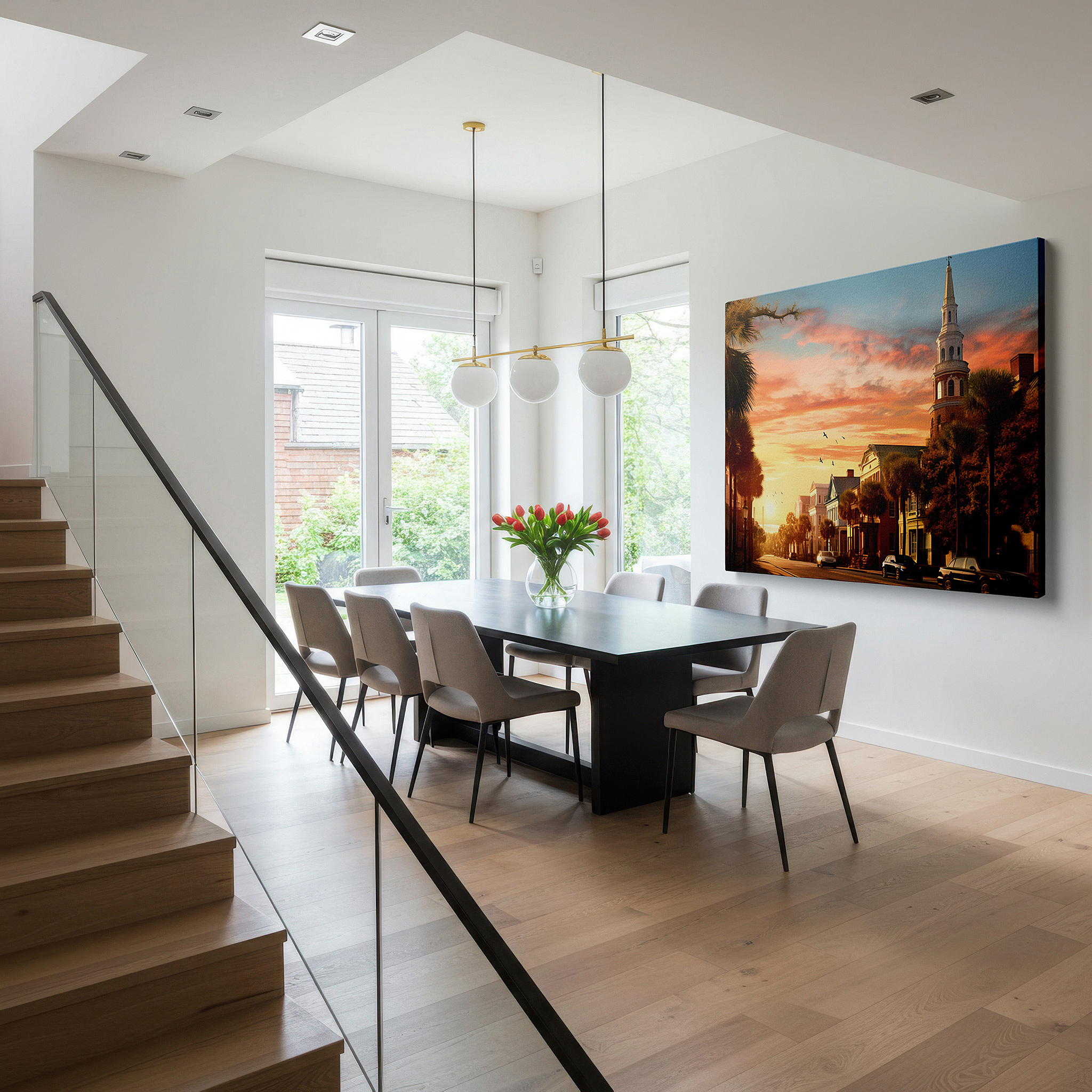 Hung in a cozy reading nook beside a floor lamp and bookshelf — sunset serenade on a historic street: where classical architecture and nature's warm embrace meet - large wall art, canvas wall art, wall decor for office