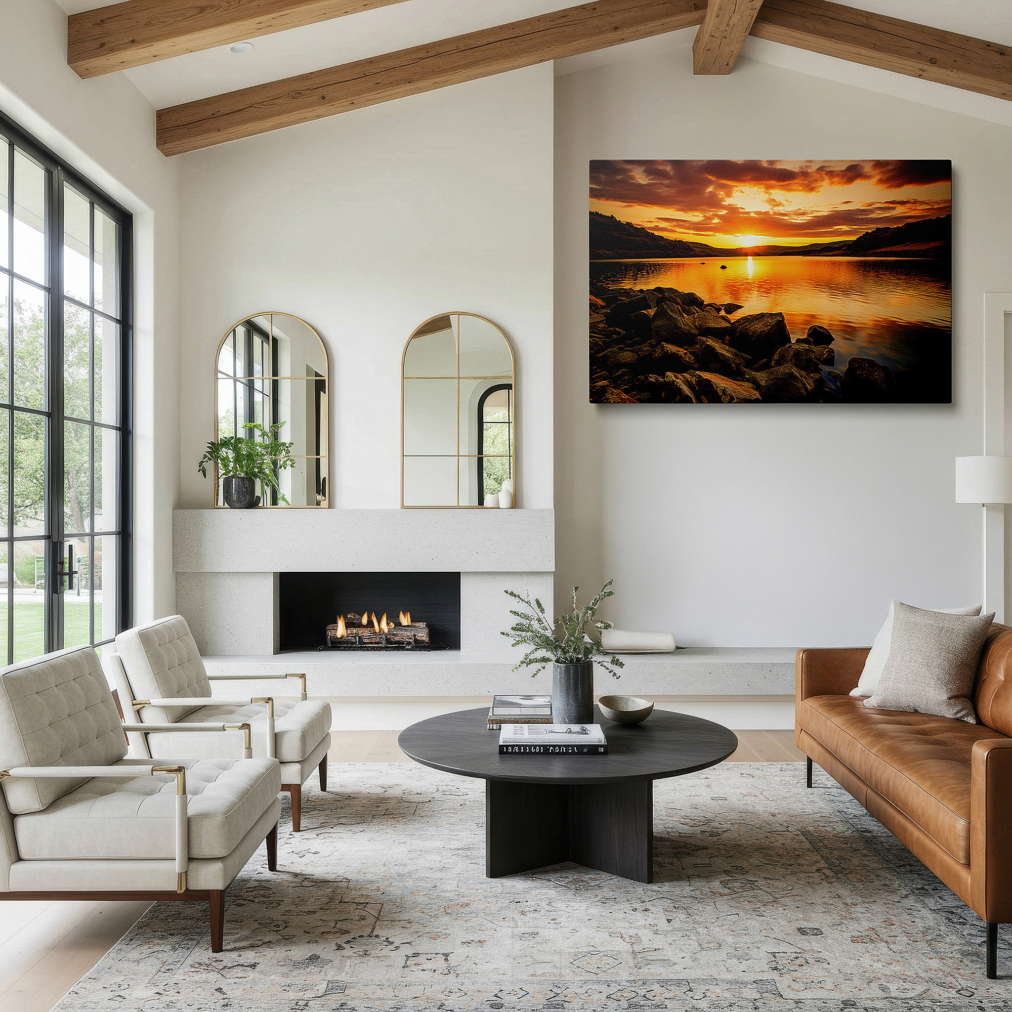 Hung in a cozy reading nook beside a floor lamp and bookshelf — sunset over tranquil lake - serene nature reflections large wall art, canvas wall art, wall decor for office and bedroom