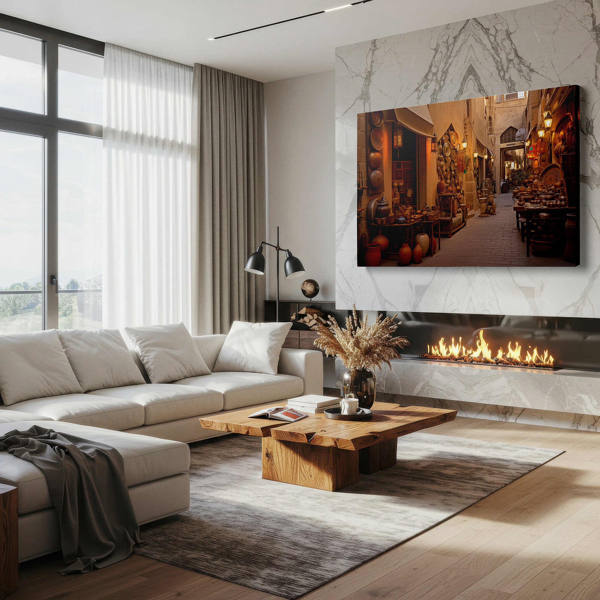 Hung in a cozy reading nook beside a floor lamp and bookshelf — timeless marketplace ambiance, warm and welcoming cultural scene large wall art, canvas wall art, wall decor for office and bedroom
