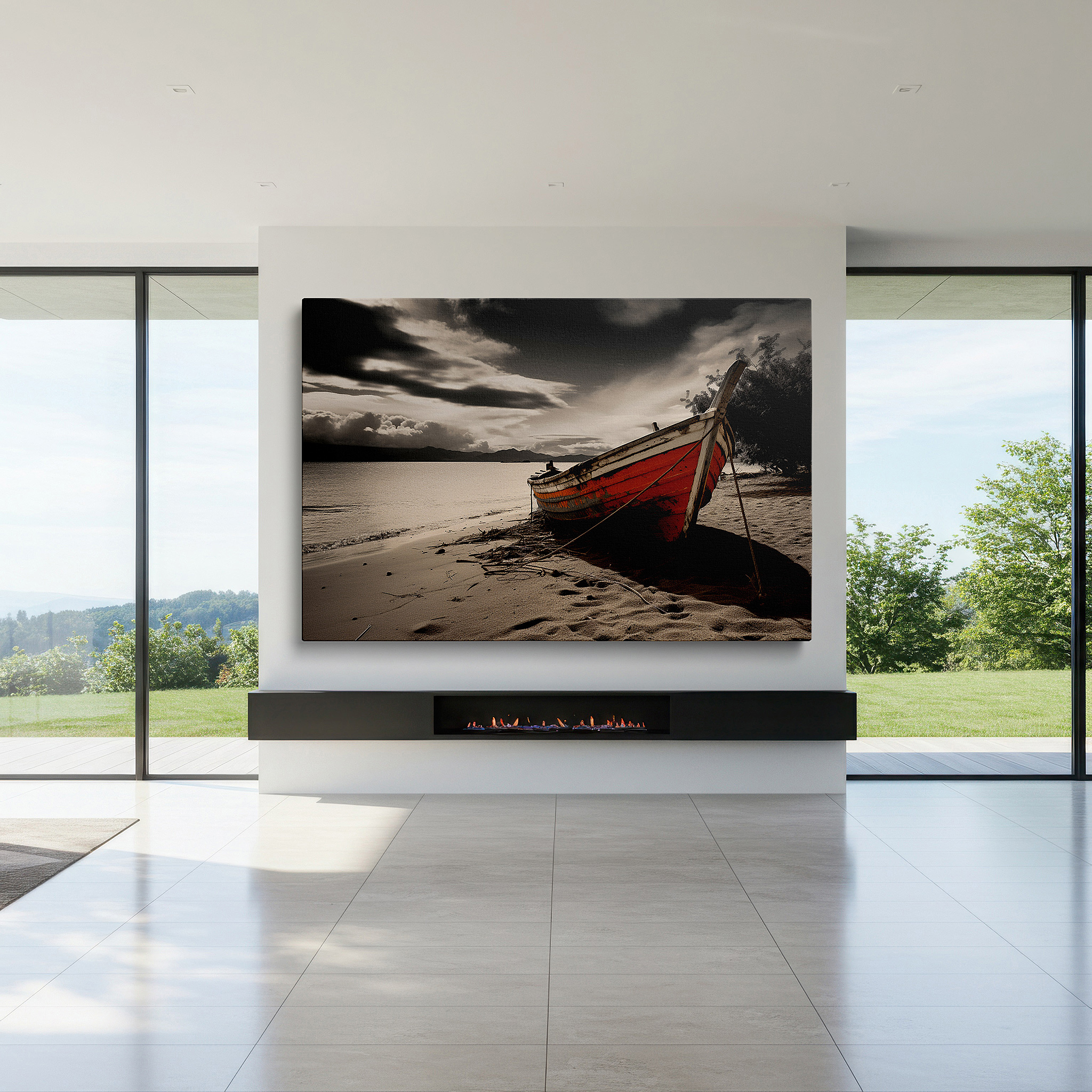 Hung in a cozy reading nook beside a floor lamp and bookshelf — tranquil dusk and the abandoned boat on a sandy beach - large canvas wall art for office, bedroom, and living room decor