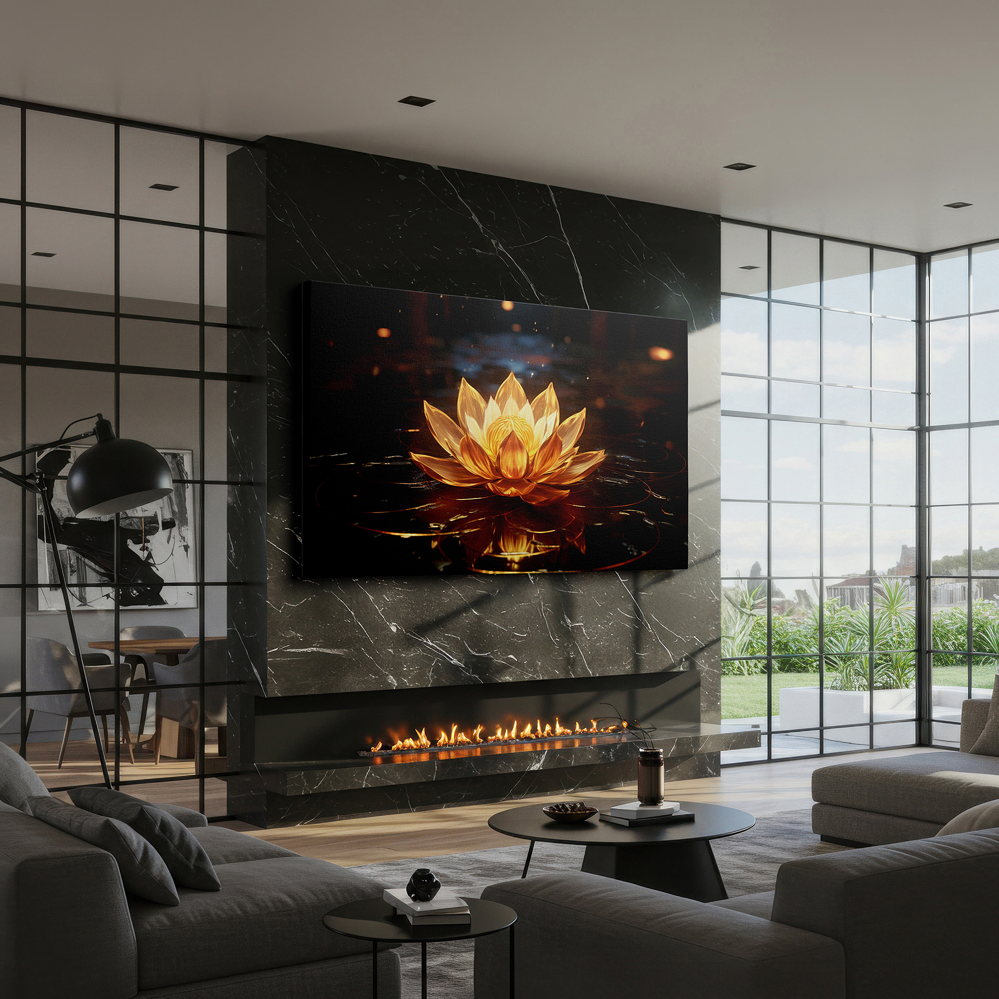 Hung in a cozy reading nook beside a floor lamp and bookshelf — tranquil golden lotus pond large canvas wall art for peace and enlightenment, ideal for office and bedroom decor