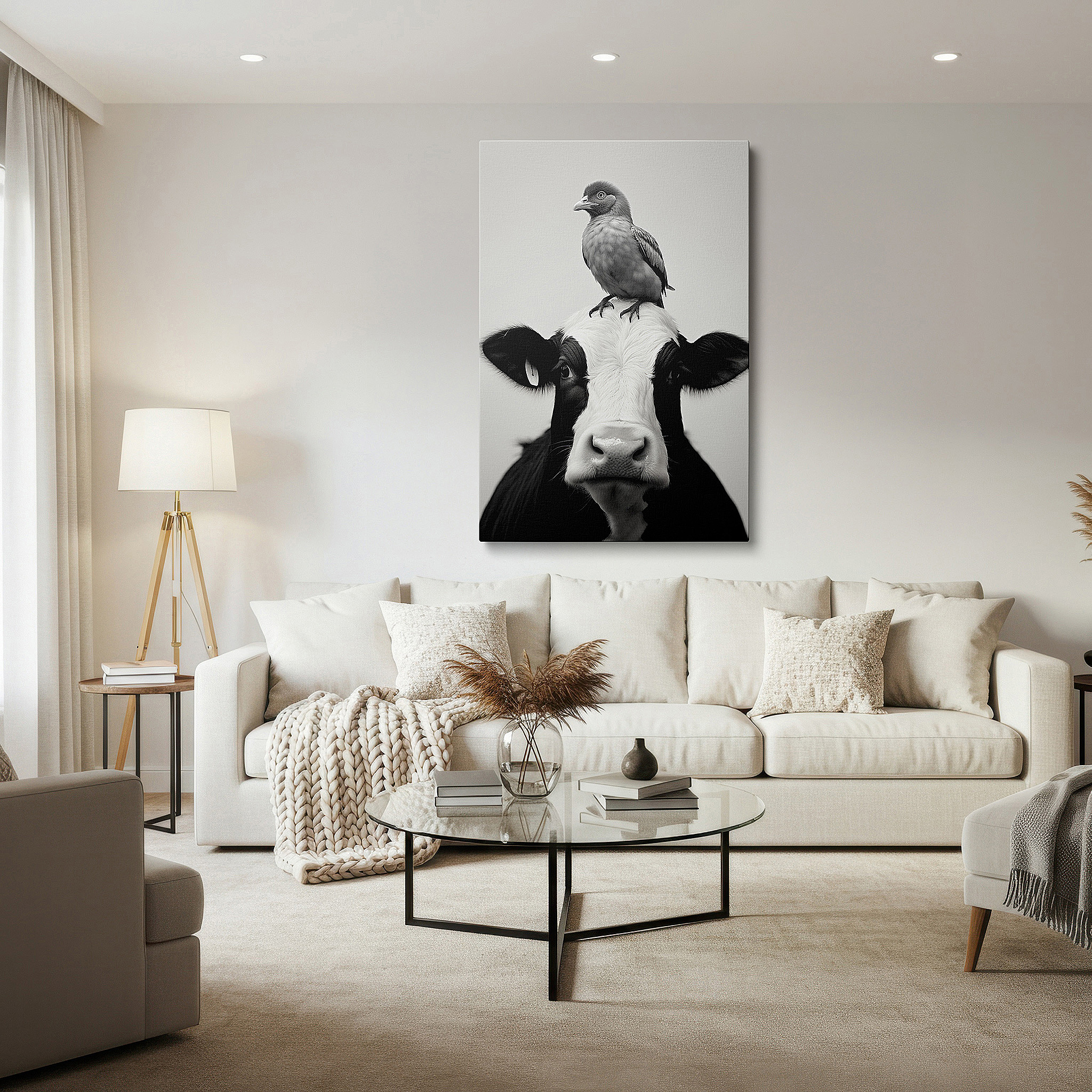 Hung in a cozy reading nook beside a floor lamp and bookshelf — tranquil unity of cow and bird in monochrome harmony: large canvas wall art for office, bedroom, and living room decor