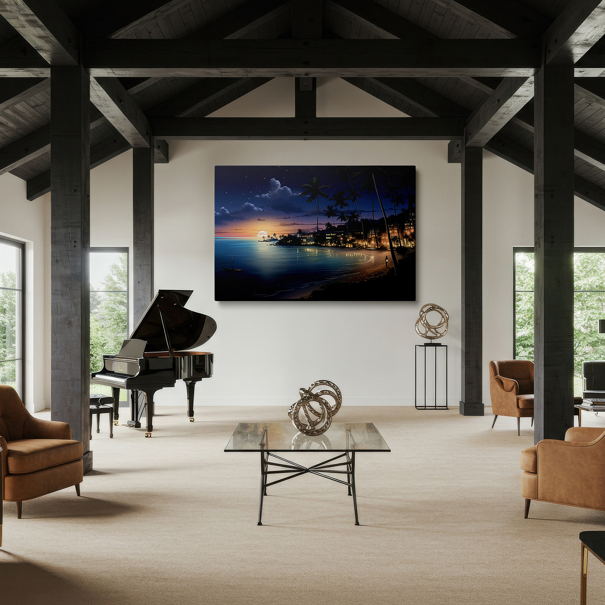 Hung in a cozy reading nook beside a floor lamp and bookshelf — tropical paradise at sunset: serene shoreline retreat with palm silhouettes and vibrant sky - large canvas wall art decor
