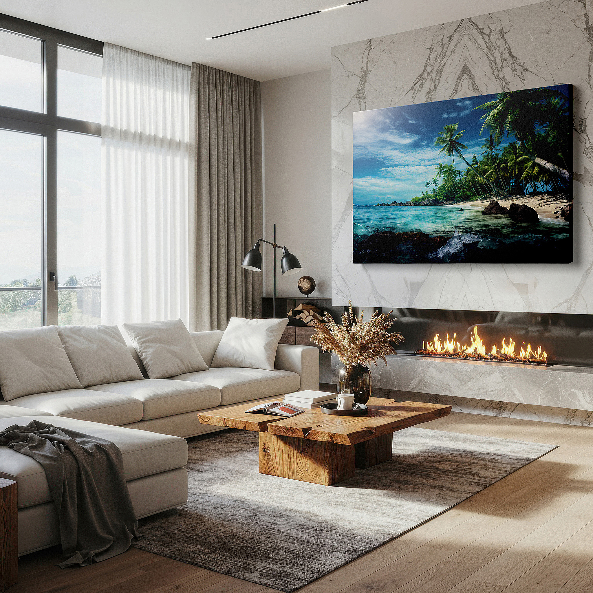 Hung in a cozy reading nook beside a floor lamp and bookshelf — tropical paradise wall art featuring crystal-clear waters and lush palms - large canvas for office, bedroom, and living room decor