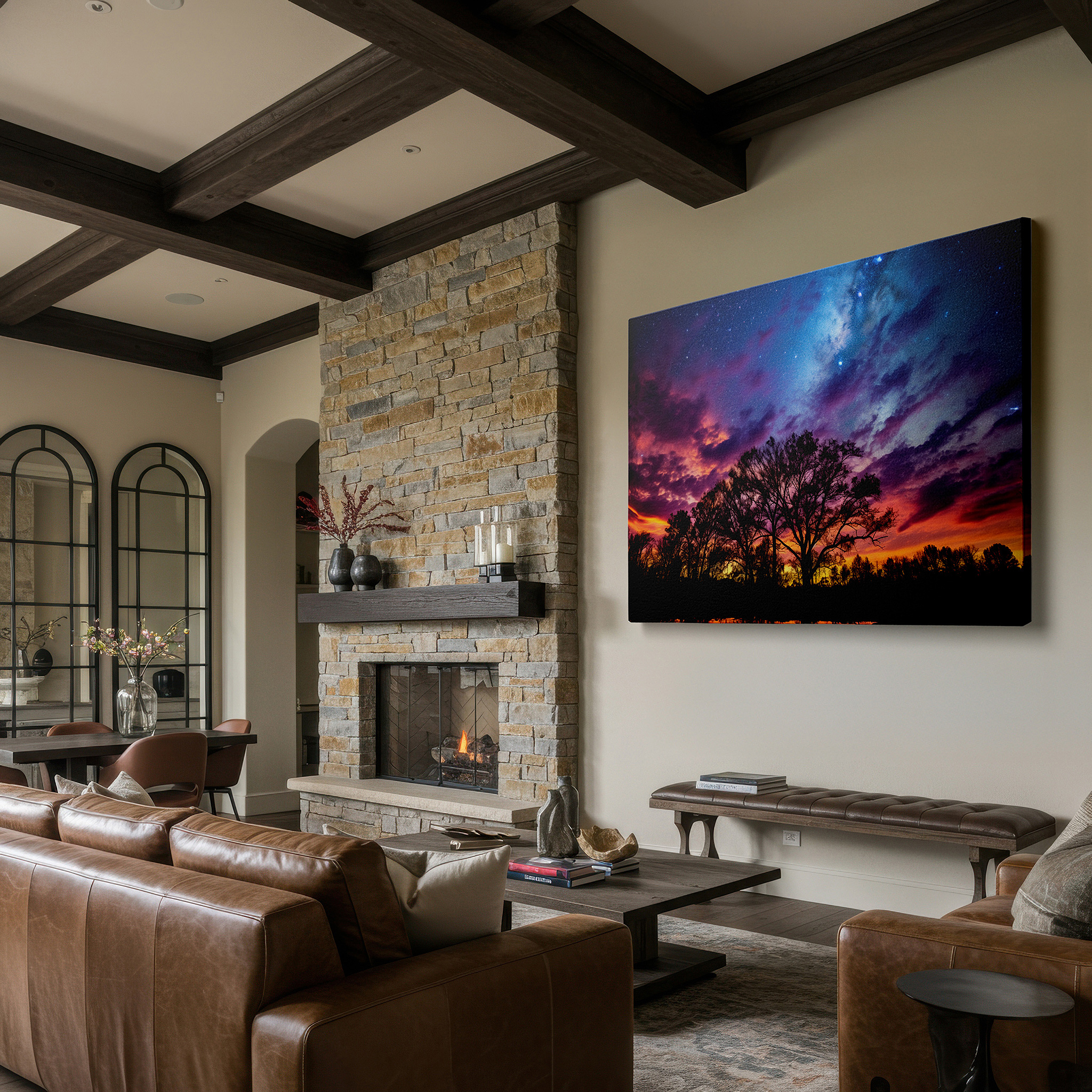 Hung in a cozy reading nook beside a floor lamp and bookshelf — twilight's poetic grace: a canvas of fiery sunsets and tranquil evening shades - large wall art for bedrooms and offices