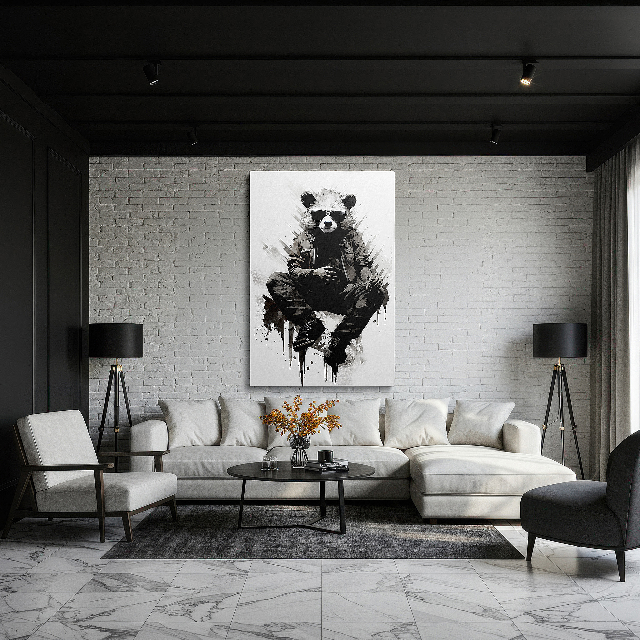 Hung in a cozy reading nook beside a floor lamp and bookshelf — urban-chic panda wall art: blending nature and culture in trendy attire - perfect for office, bedroom, and living room decor