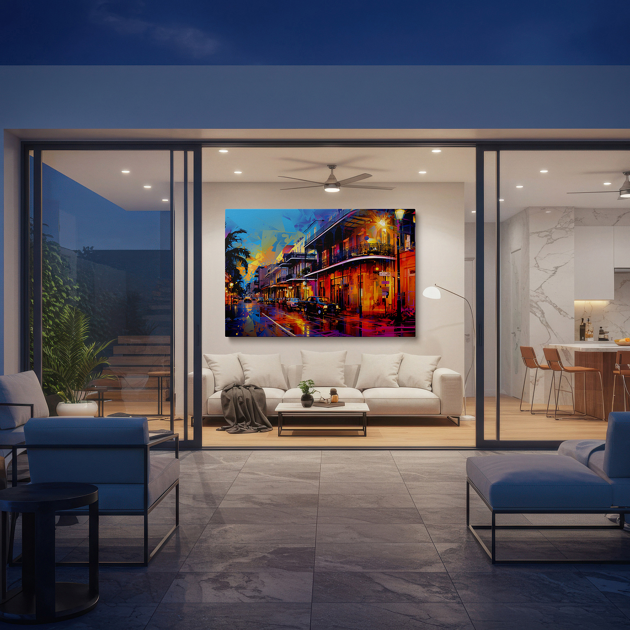 Hung in a cozy reading nook beside a floor lamp and bookshelf — urban nightscape featuring neon lights, classic cars, and wet streets - large canvas wall art for office and bedroom decor