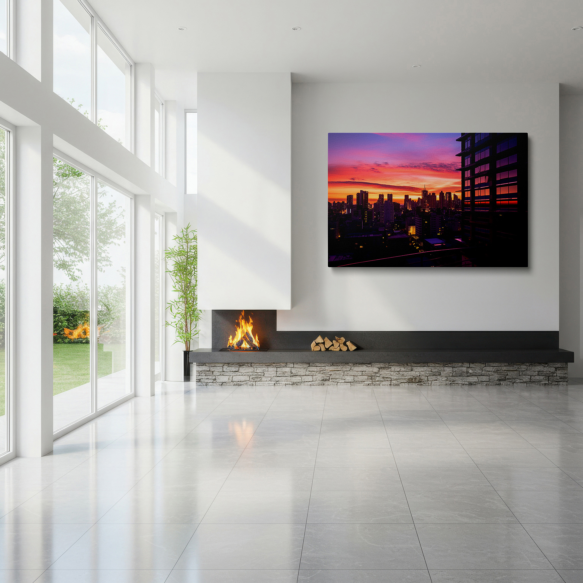 Hung in a cozy reading nook beside a floor lamp and bookshelf — urban sunset above glass skyscrapers - vibrant day to night transition large wall art, canvas wall art, wall decor, office wall art, bedroom wall art