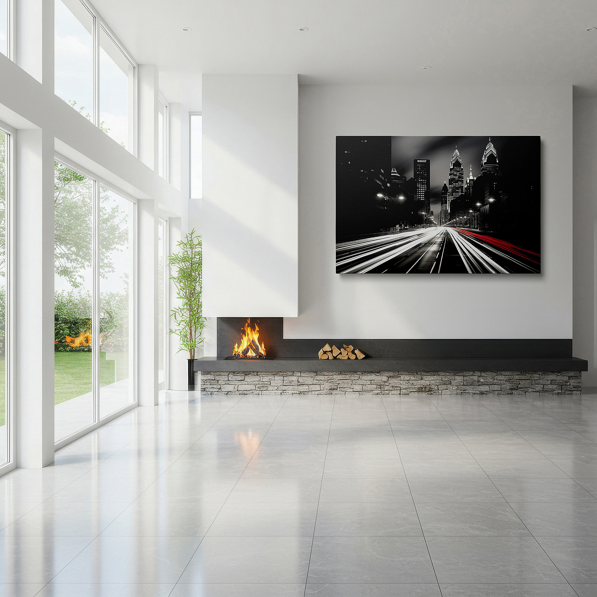 Hung in a cozy reading nook beside a floor lamp and bookshelf — urban vitality wall art: dynamic black and white cityscape with light streaks and silhouetted skyscrapers - large canvas wall decor