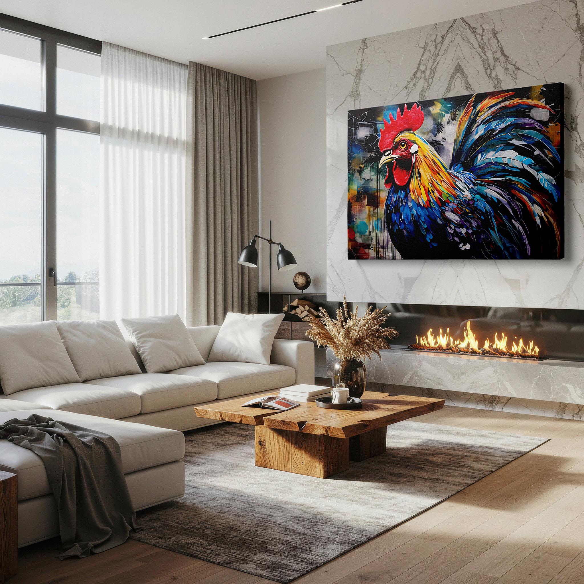 Hung in a cozy reading nook beside a floor lamp and bookshelf — vibrant rooster wall art in fiery reds and deep blues, celebrating life - large canvas for office or bedroom decor