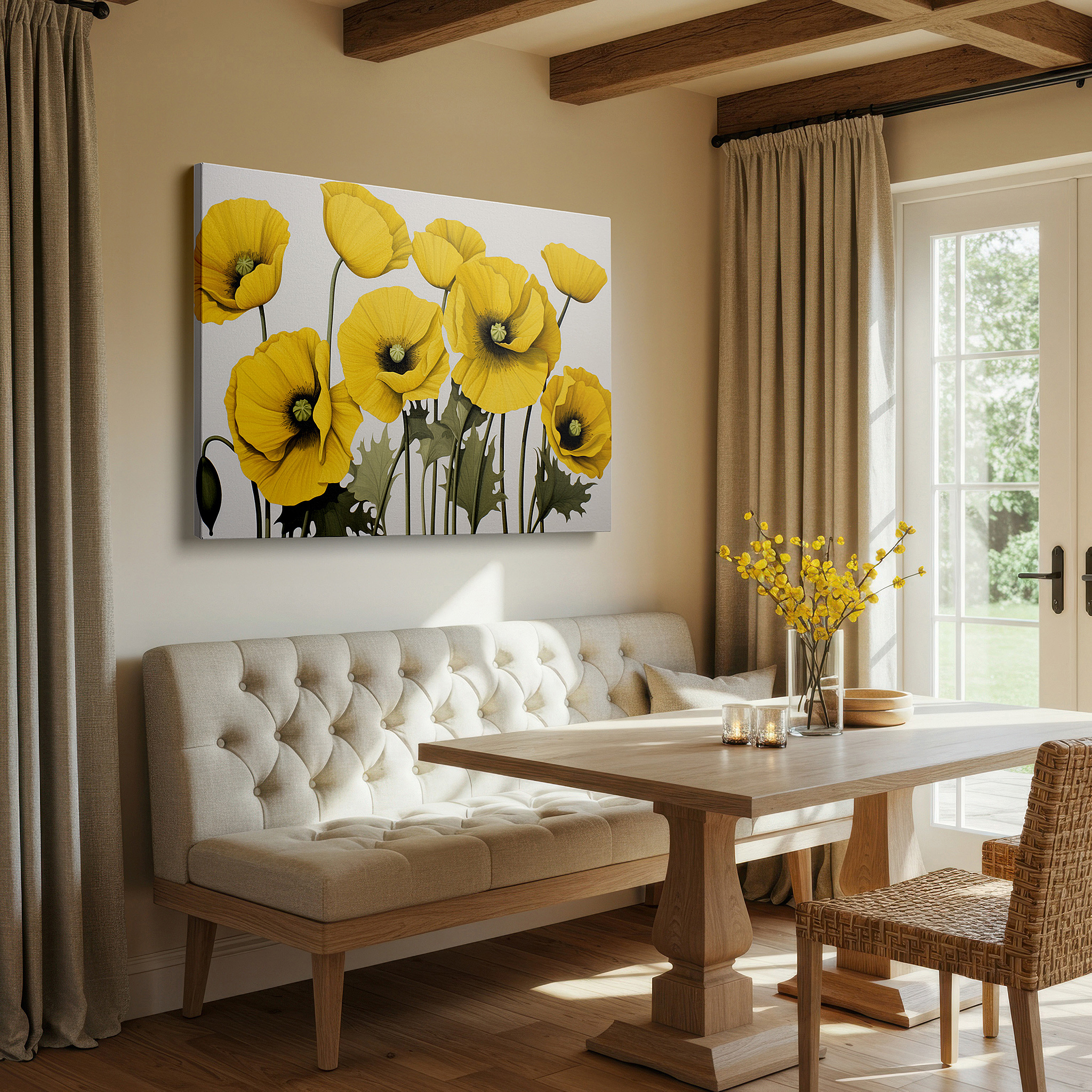 Hung in a cozy reading nook beside a floor lamp and bookshelf — vibrant yellow poppies in bloom: celebrating life and joy with nature's beauty - large canvas wall art for home and office decor