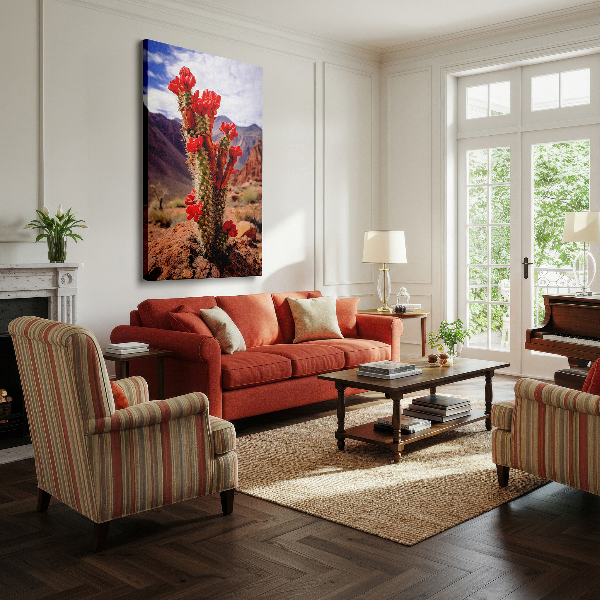 Hung in a cozy reading nook beside a floor lamp and bookshelf — vivid red cactus flowers set against a peaceful desert scene, representing resilience and beauty - large wall art, canvas wall art, wall decor for office