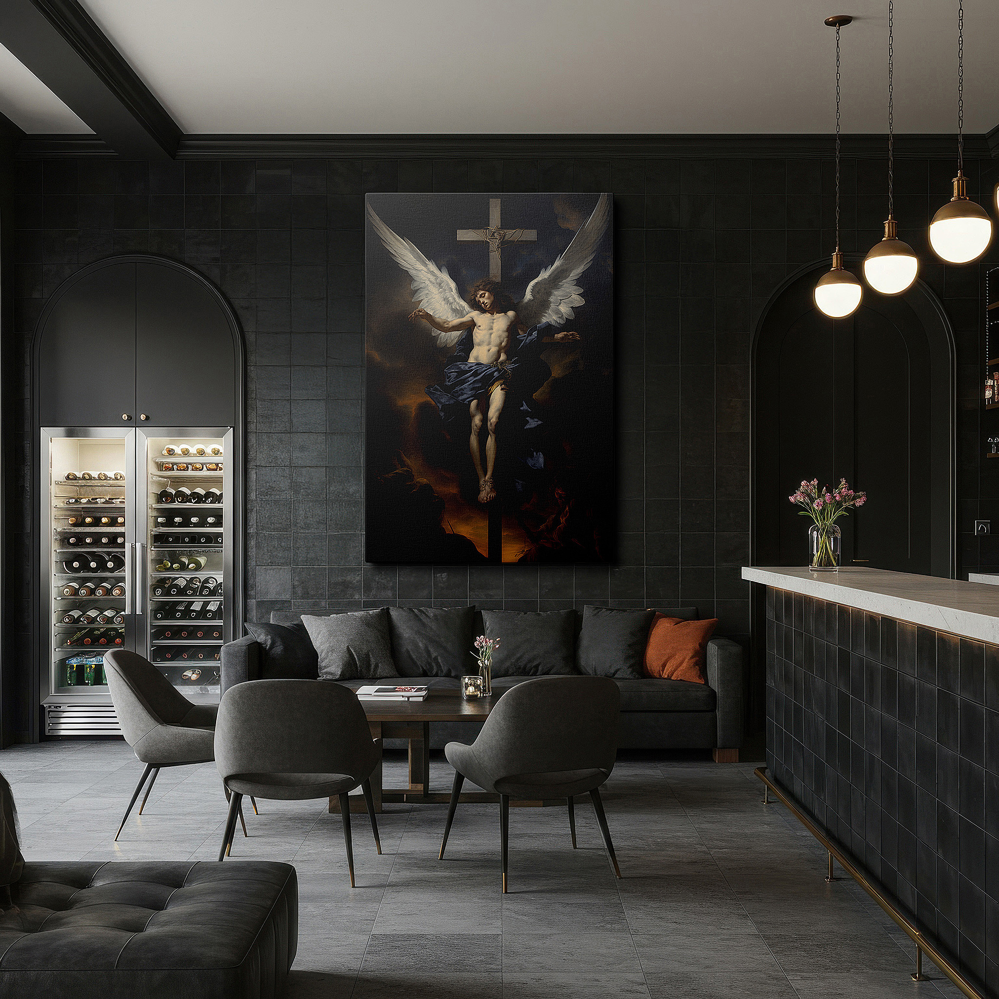 Hung in a cozy reading nook beside a floor lamp and bookshelf — wall art: "angelic sacrifice amidst stormy skies" - a divine interplay of light and darkness. large canvas wall art for office and bedroom decor
