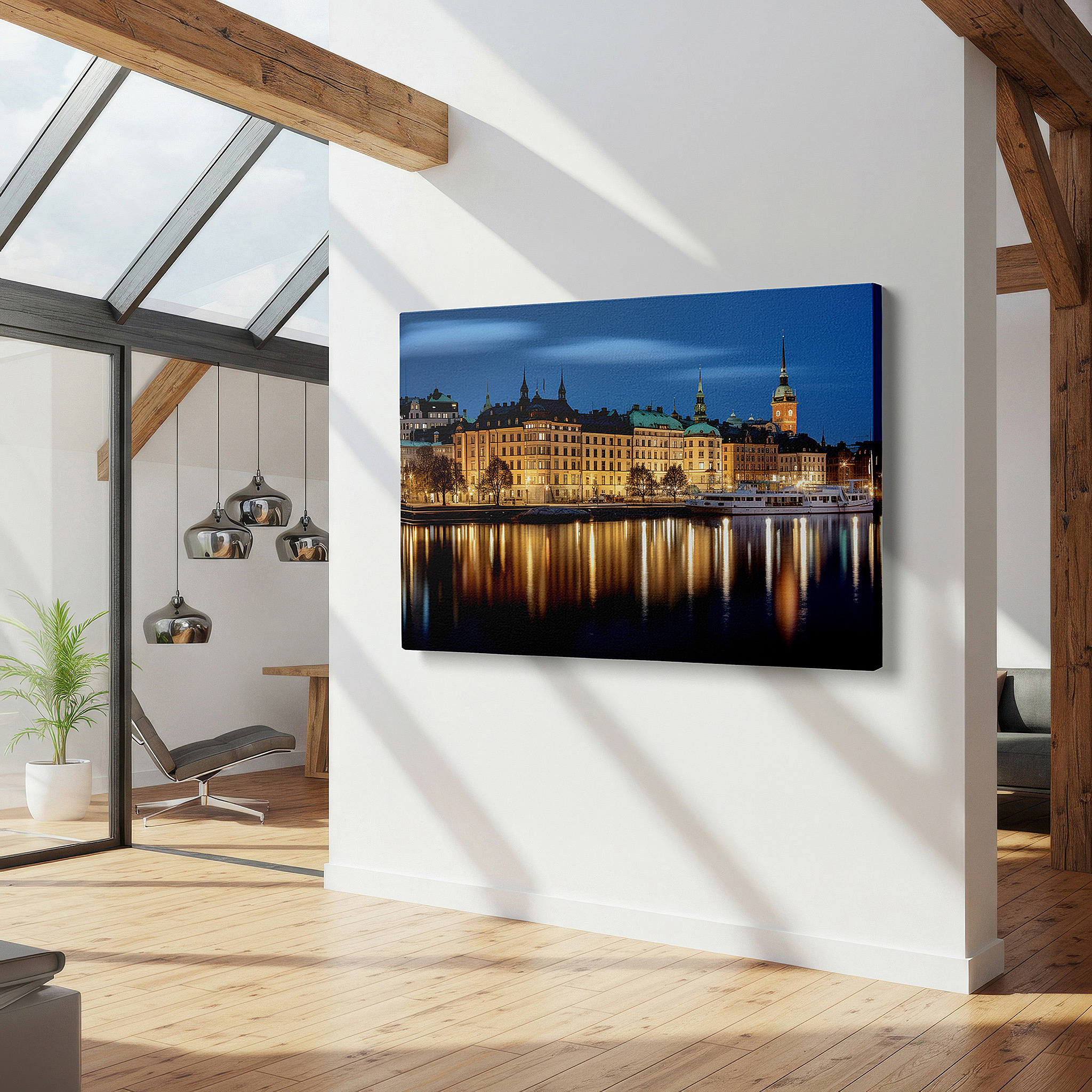 Hung in a cozy reading nook beside a floor lamp and bookshelf — wall art: captivating stockholm at night - a dynamic fusion of timeless elegance and contemporary vitality, large canvas wall art, wall decor for office
