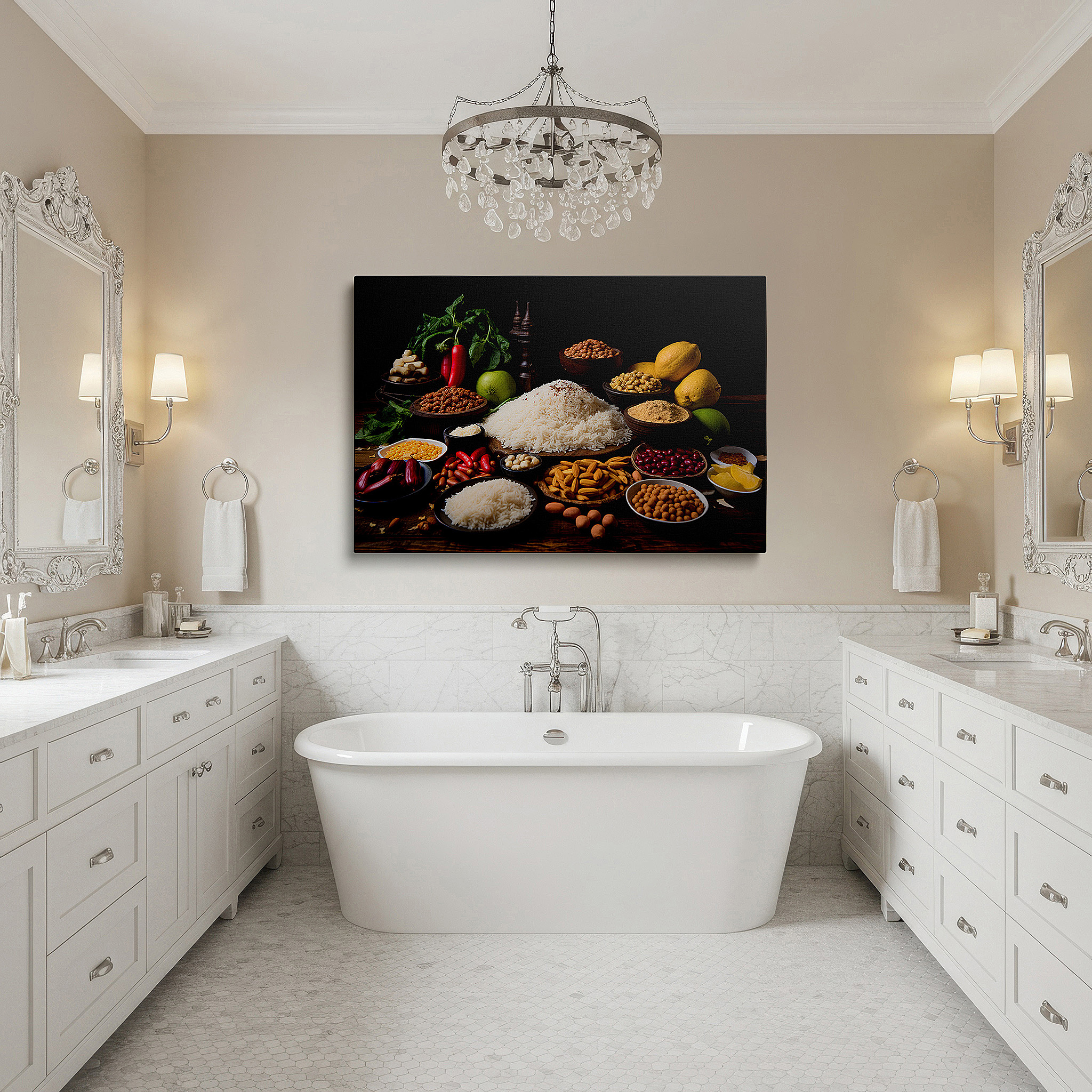 Hung in a cozy reading nook beside a floor lamp and bookshelf — wall art: celebrating nature's bounty and culinary diversity on a rustic table - large canvas wall art for home and office decor