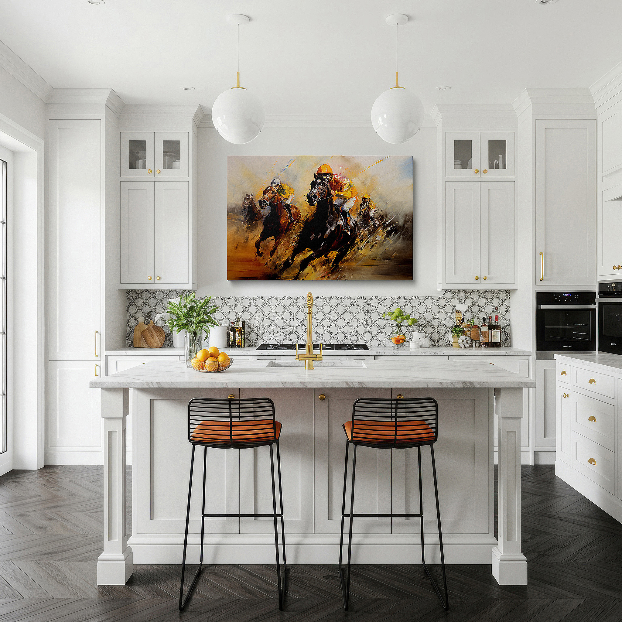 Hung in a cozy reading nook beside a floor lamp and bookshelf — wall art: exciting horse racing scene depicting intense rivalry and lively energy - large canvas wall art for office and bedroom decor