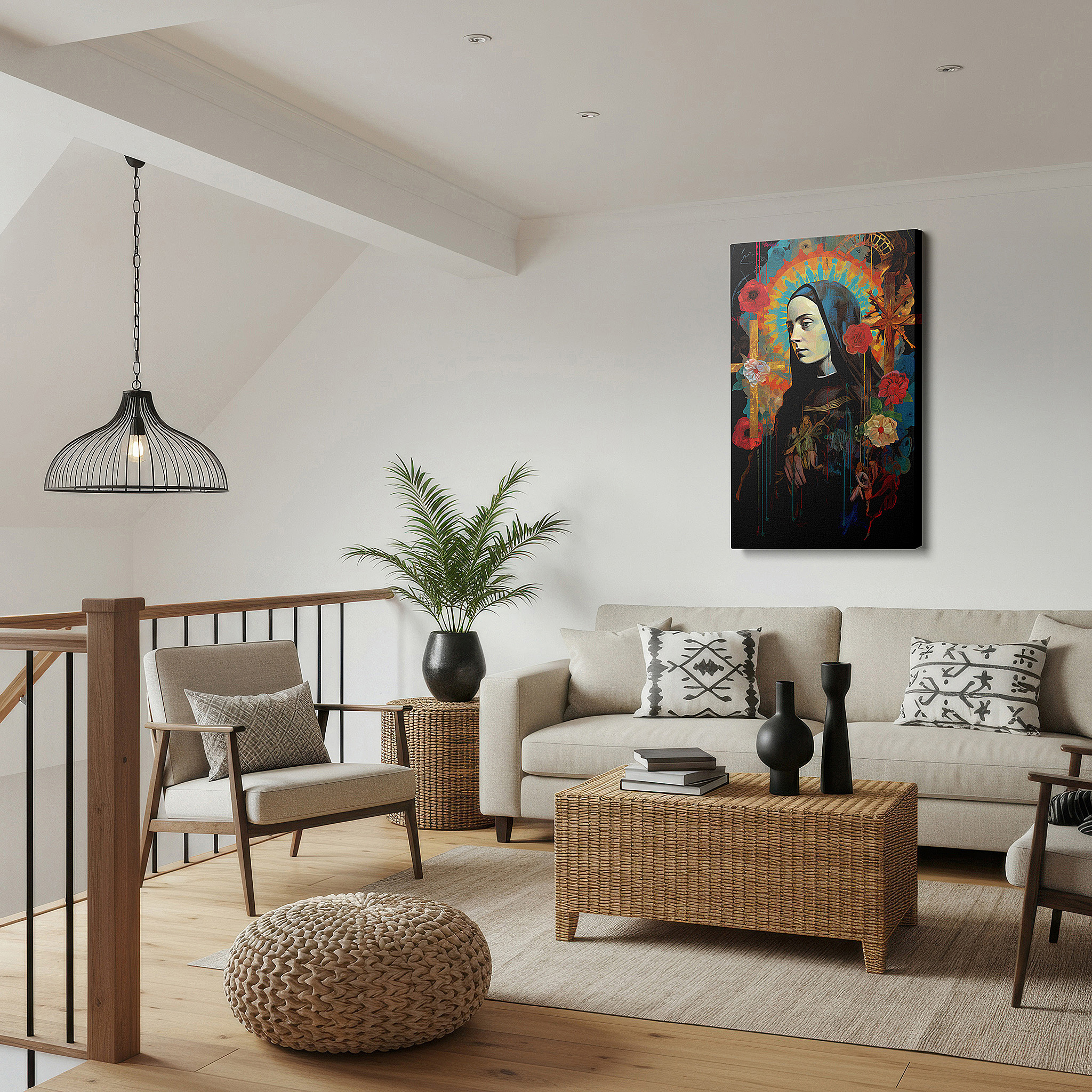 Hung in a cozy reading nook beside a floor lamp and bookshelf — wall art: experience saintly serenity with blooming flowers - a tranquil, spiritual tapestry. perfect for home or office decor, available as large canvas wall art.