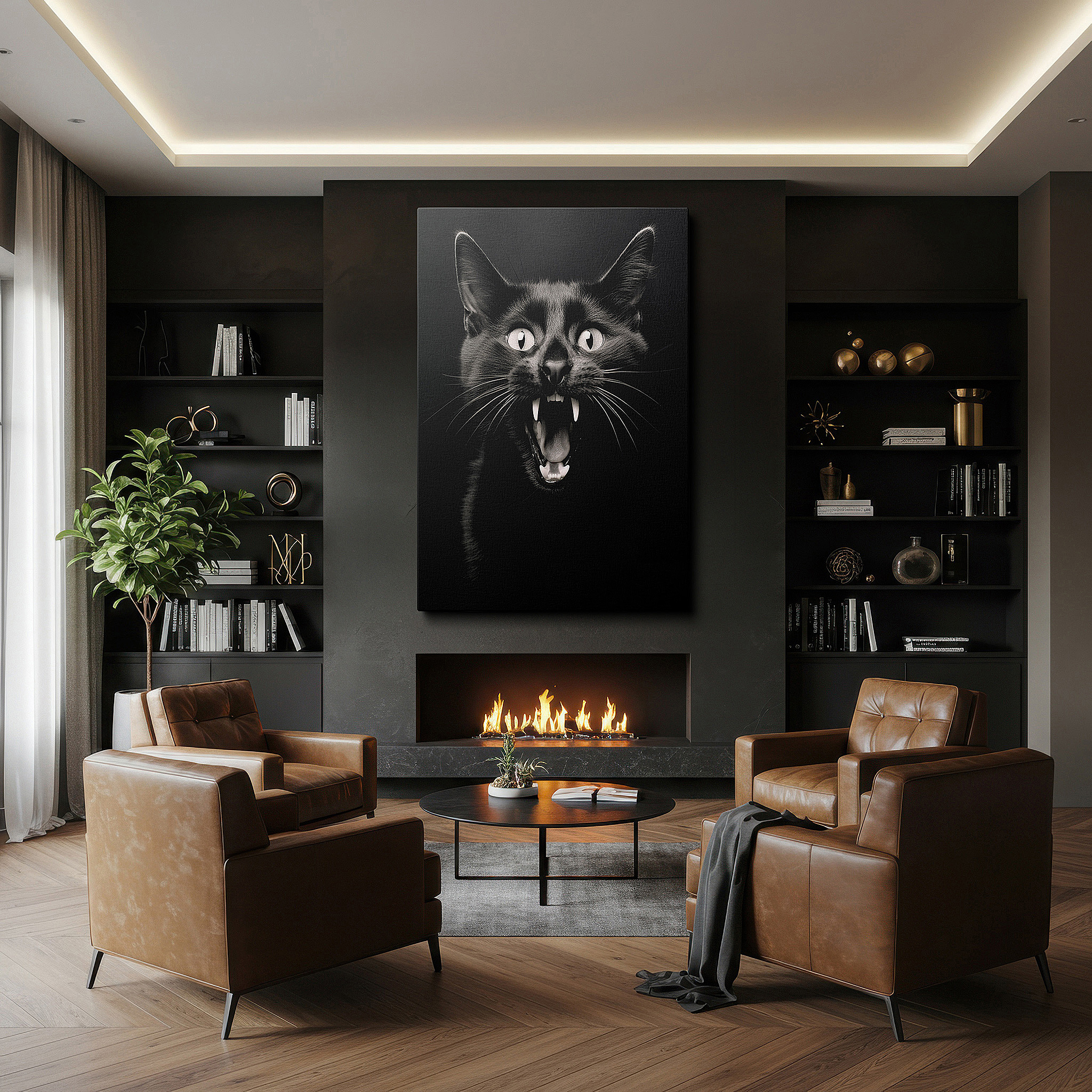 Hung in a cozy reading nook beside a floor lamp and bookshelf — wall art: fierce black cat in mid-roar exuding pure emotion and untamed essence - ideal for living room, bedroom, or office decor, available as large canvas wall art