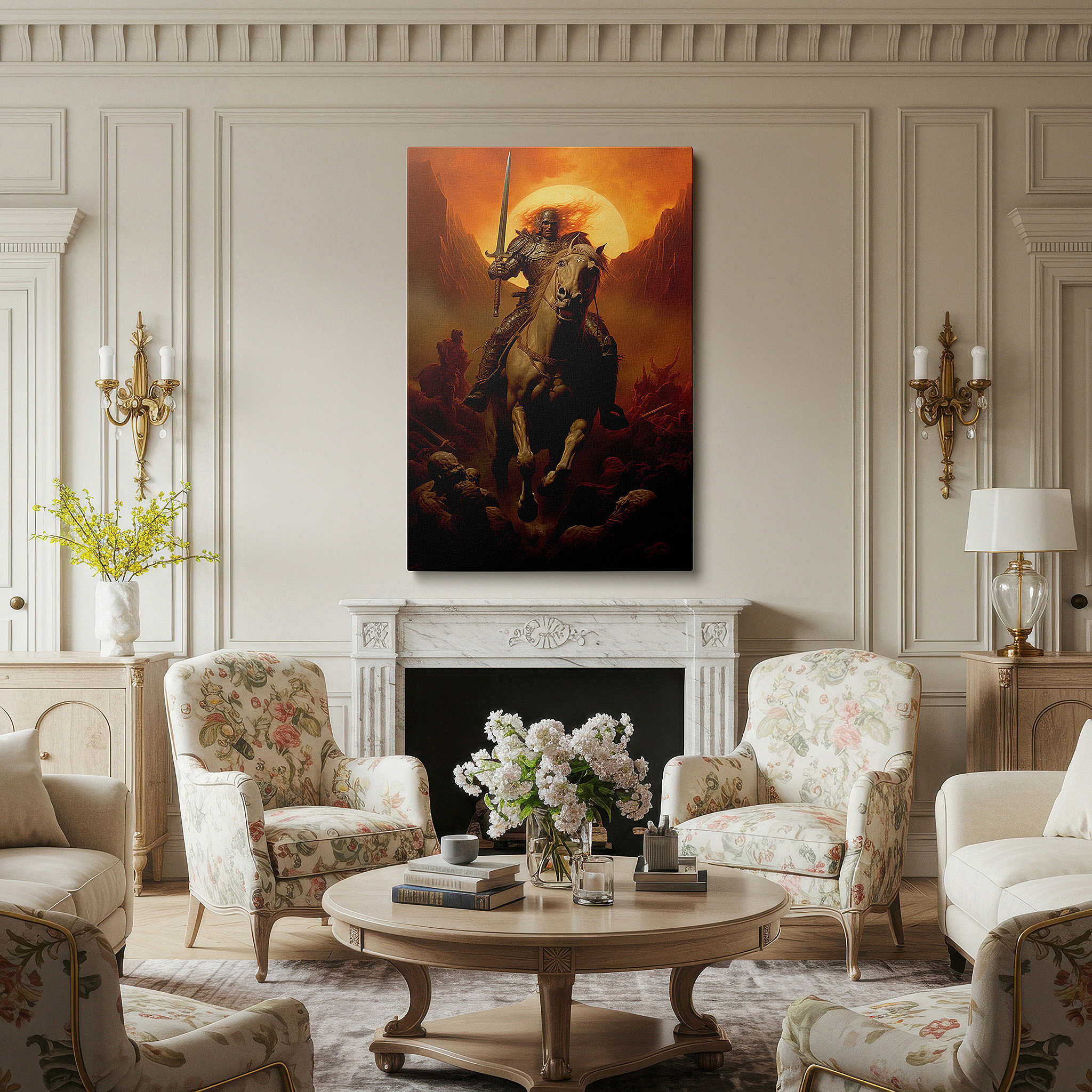 Hung in a cozy reading nook beside a floor lamp and bookshelf — wall art: "heroism amidst flames - a knight's valor and battle's fury" - large canvas wall art for office and bedroom decor