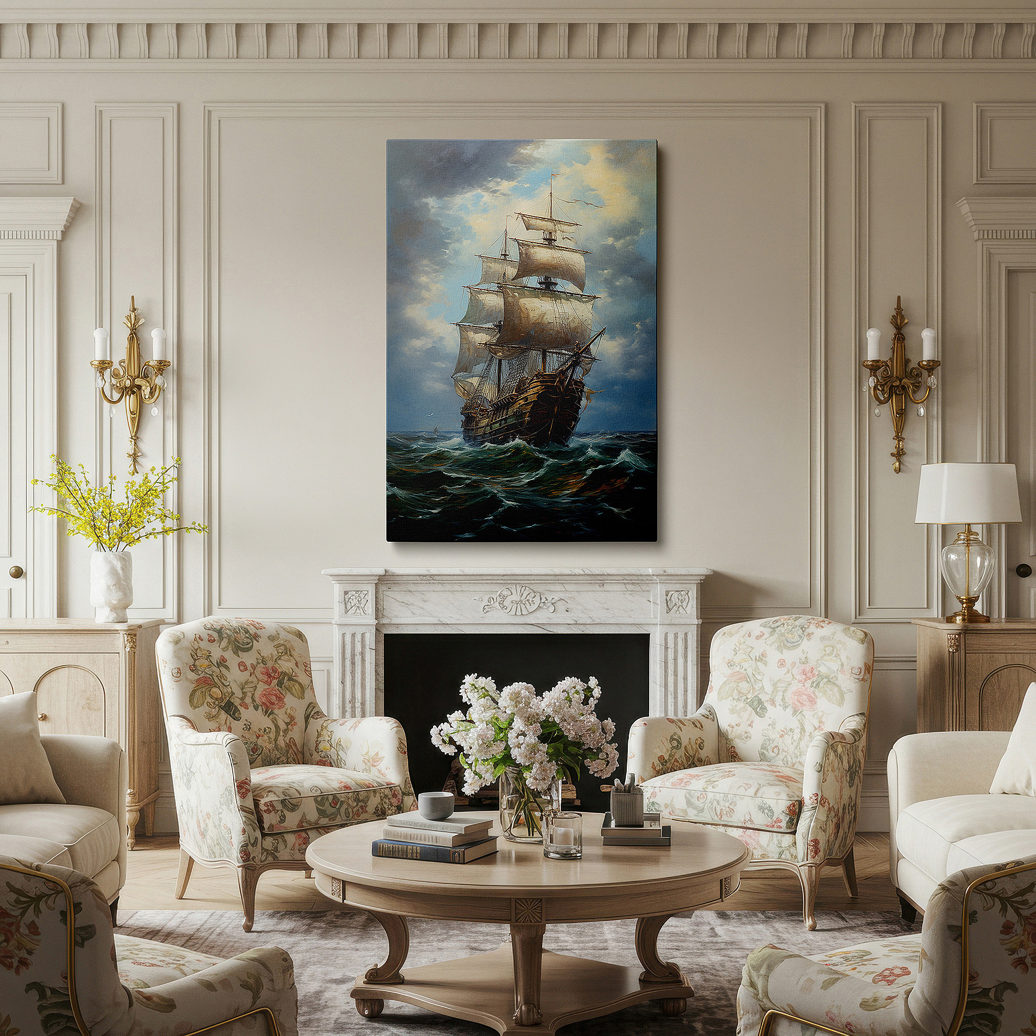 Hung in a cozy reading nook beside a floor lamp and bookshelf — wall art: "majestic ship battles nature's fury" - a salute to resilience and adventure. ideal for office and bedroom decor, available as large canvas wall art.