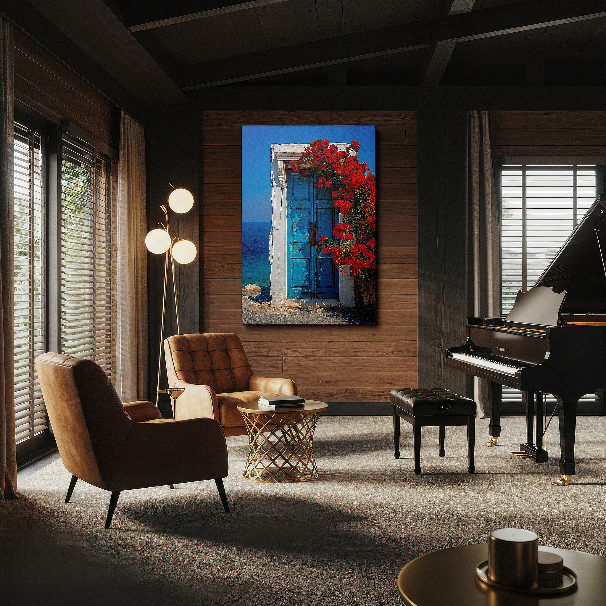 Hung in a cozy reading nook beside a floor lamp and bookshelf — wall art: serene coastal landscape featuring a bright blue door and red flowers - large canvas wall art for office, bedroom, and living room decor