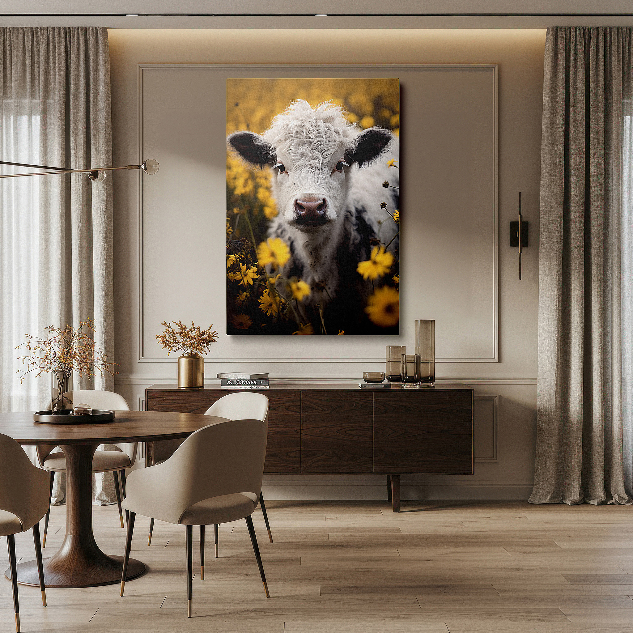 Hung in a cozy reading nook beside a floor lamp and bookshelf — wall art: tranquil countryside elegance featuring a calm cow in a lush meadow - large canvas wall art for home and office decor, perfect for living rooms and bedrooms